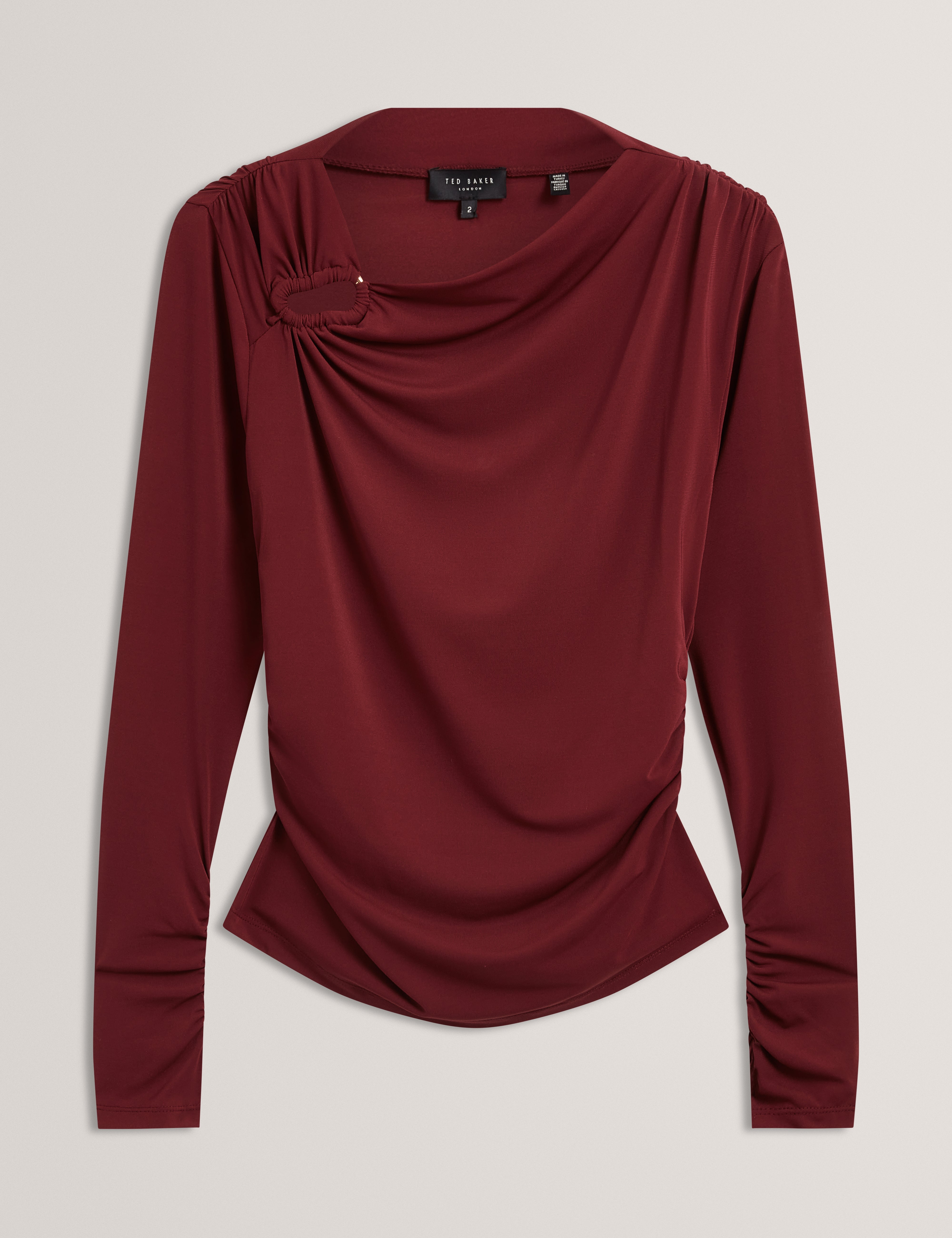 Strala Long Sleeve Ruched Top With Metal Detail Oxblood