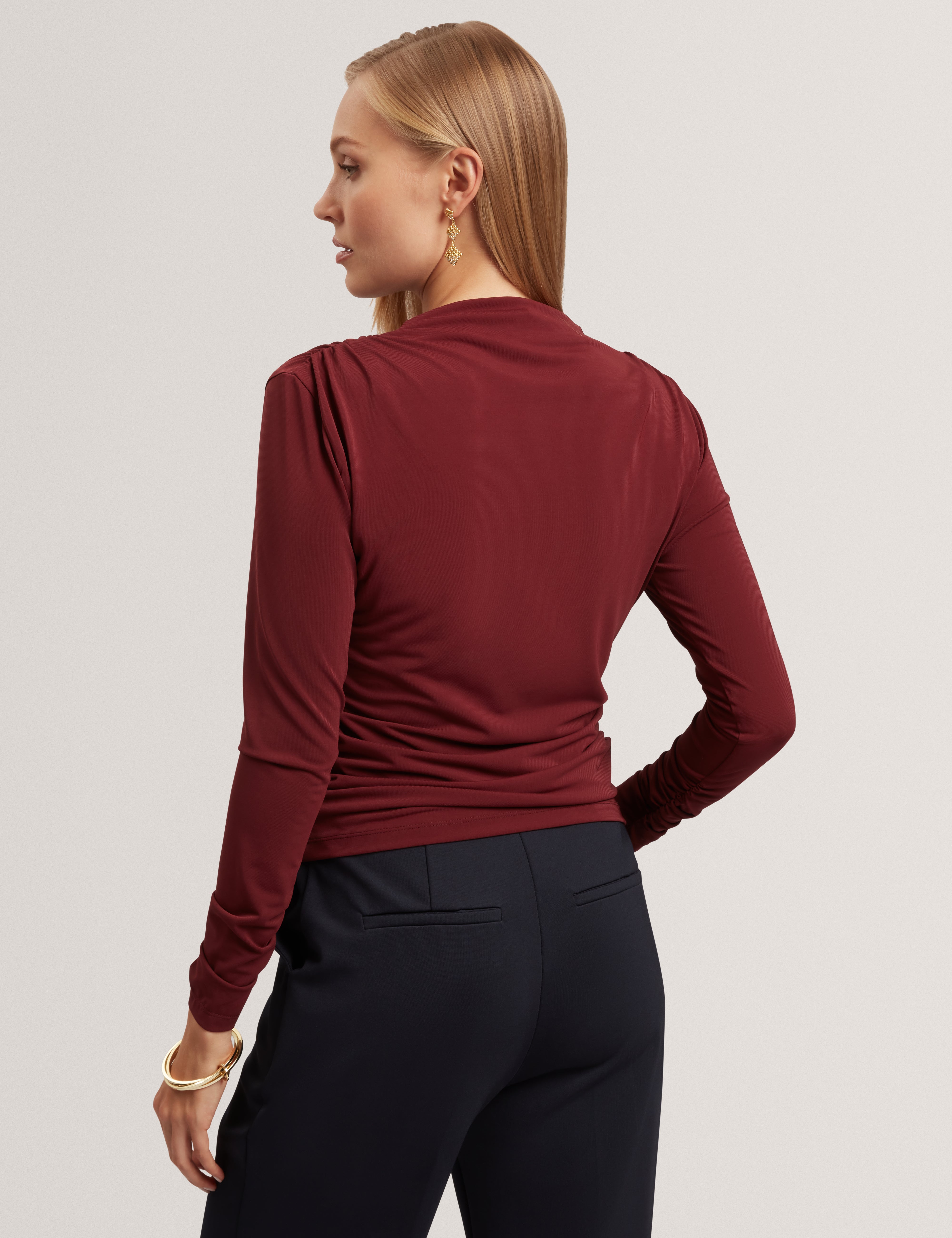 Strala Long Sleeve Ruched Top With Metal Detail Oxblood