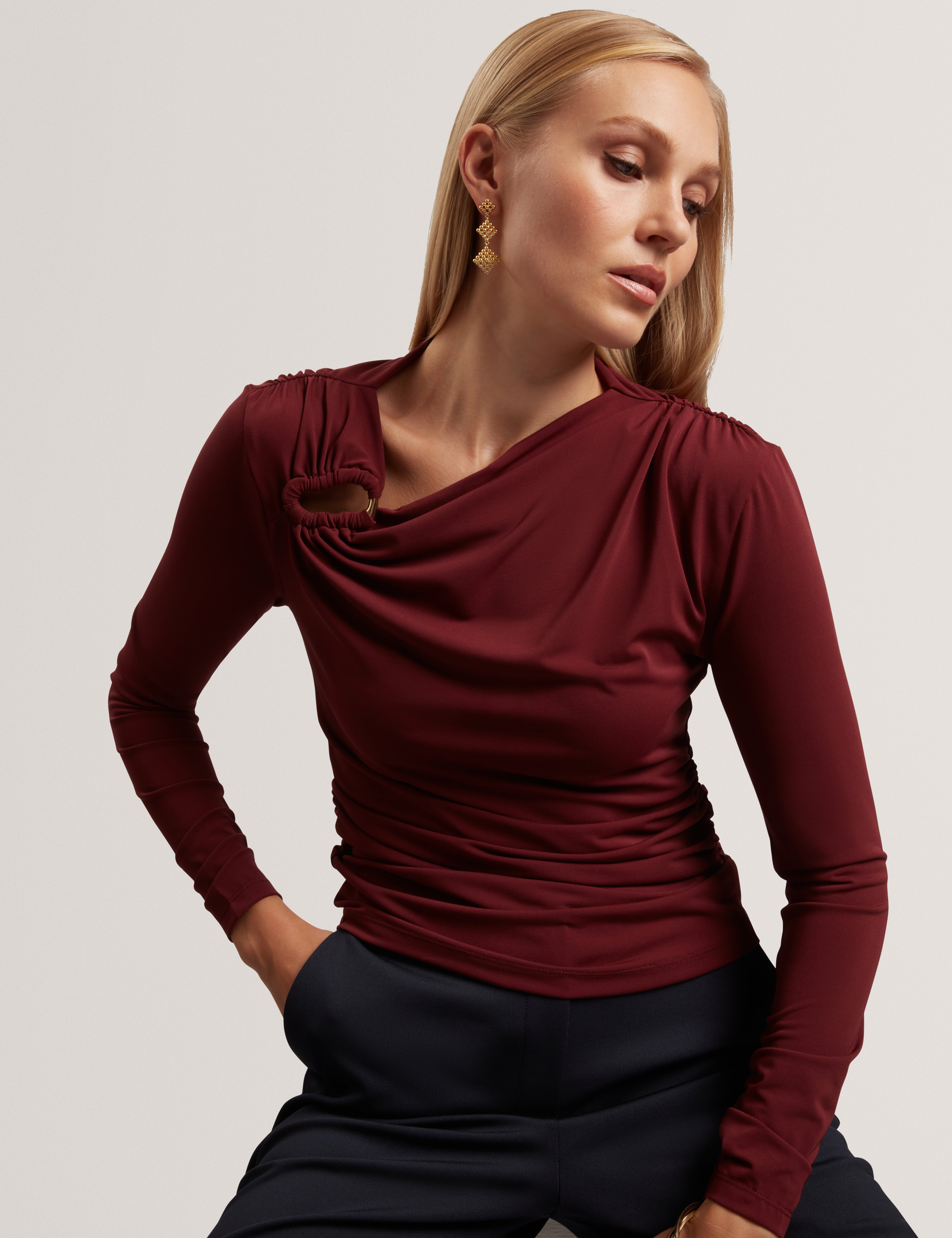 Strala Long Sleeve Ruched Top With Metal Detail Oxblood