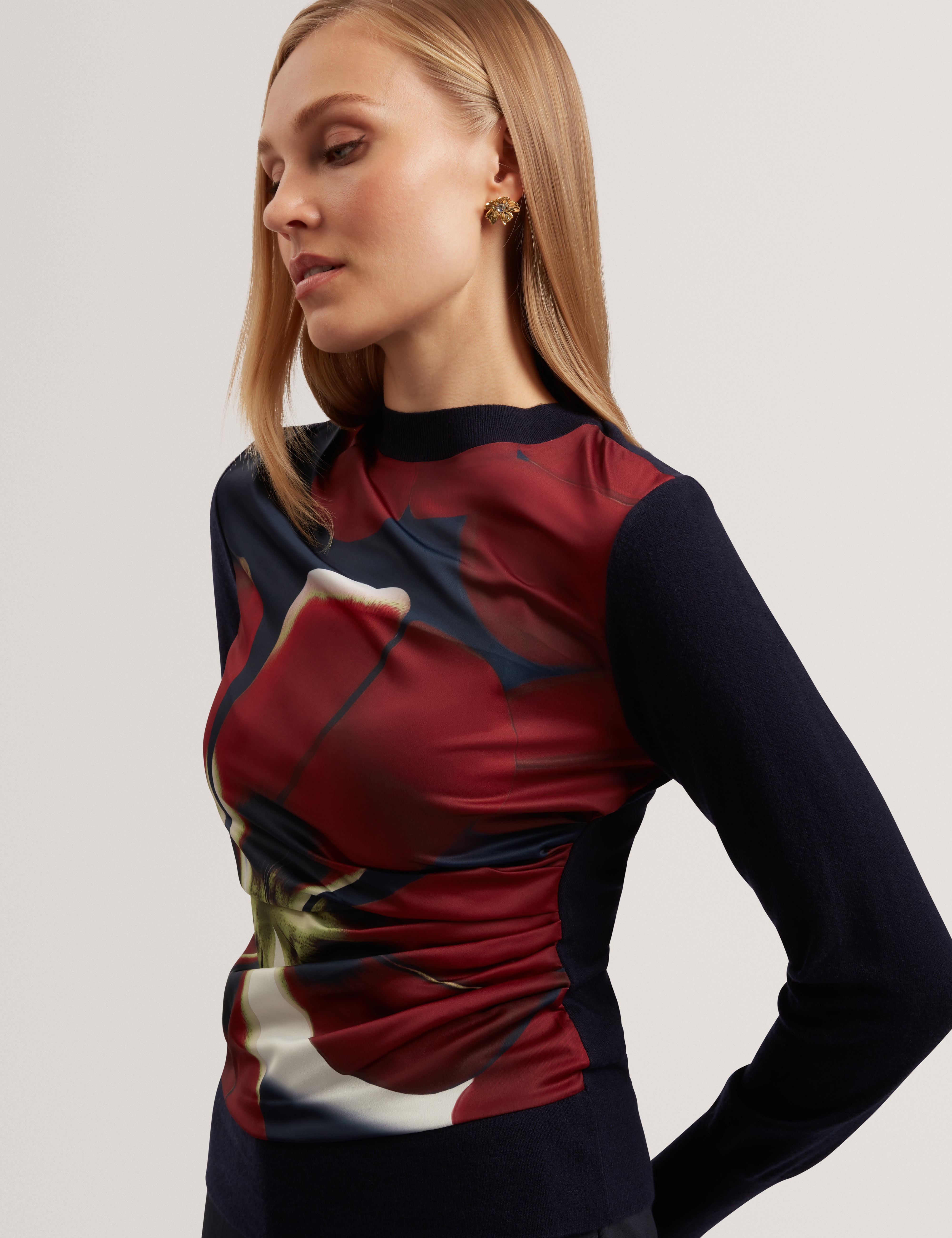 Mawie Printed Draped Front Knitted Top Navy