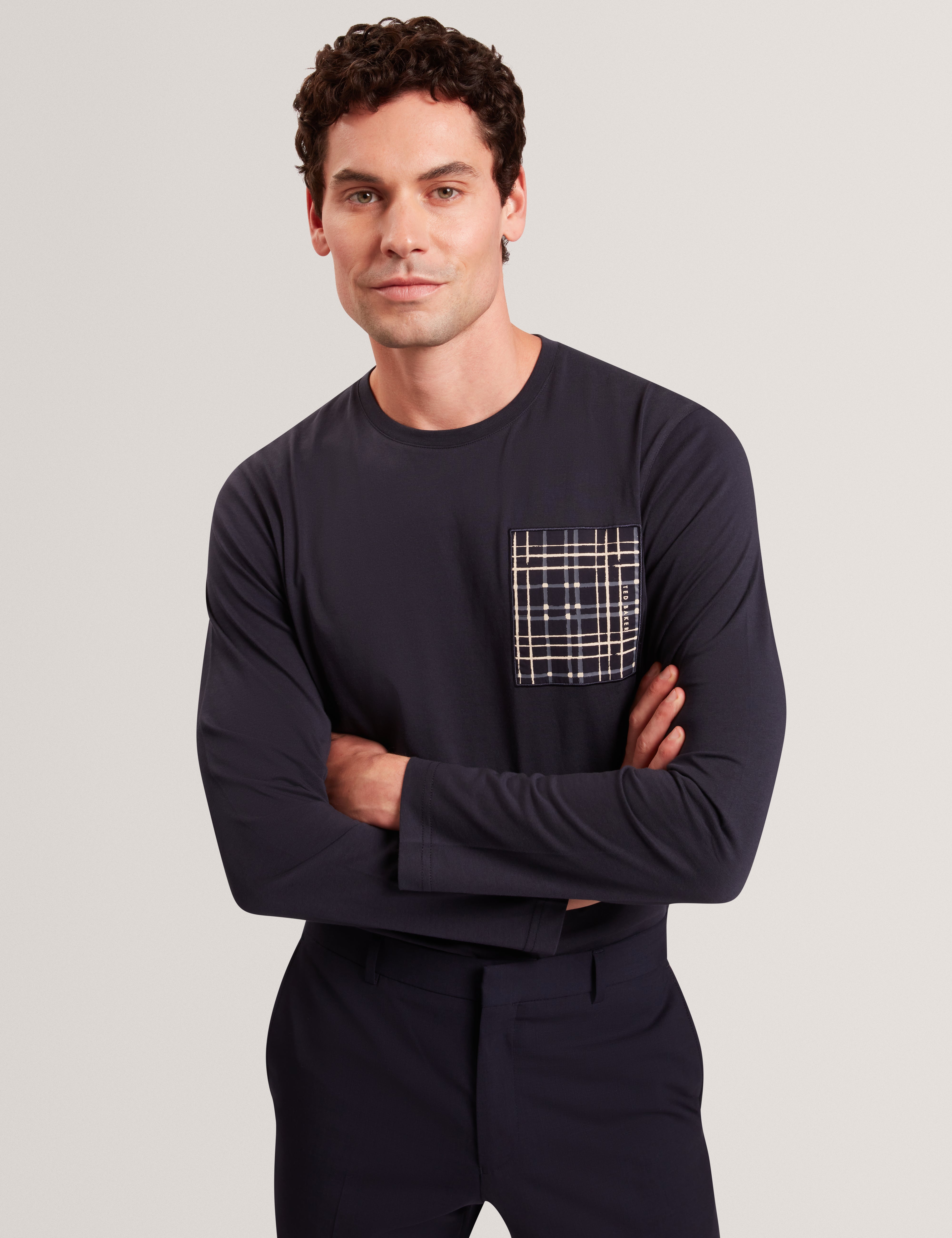 Sinino Long Sleeve Box Print T-Shirt Navy
