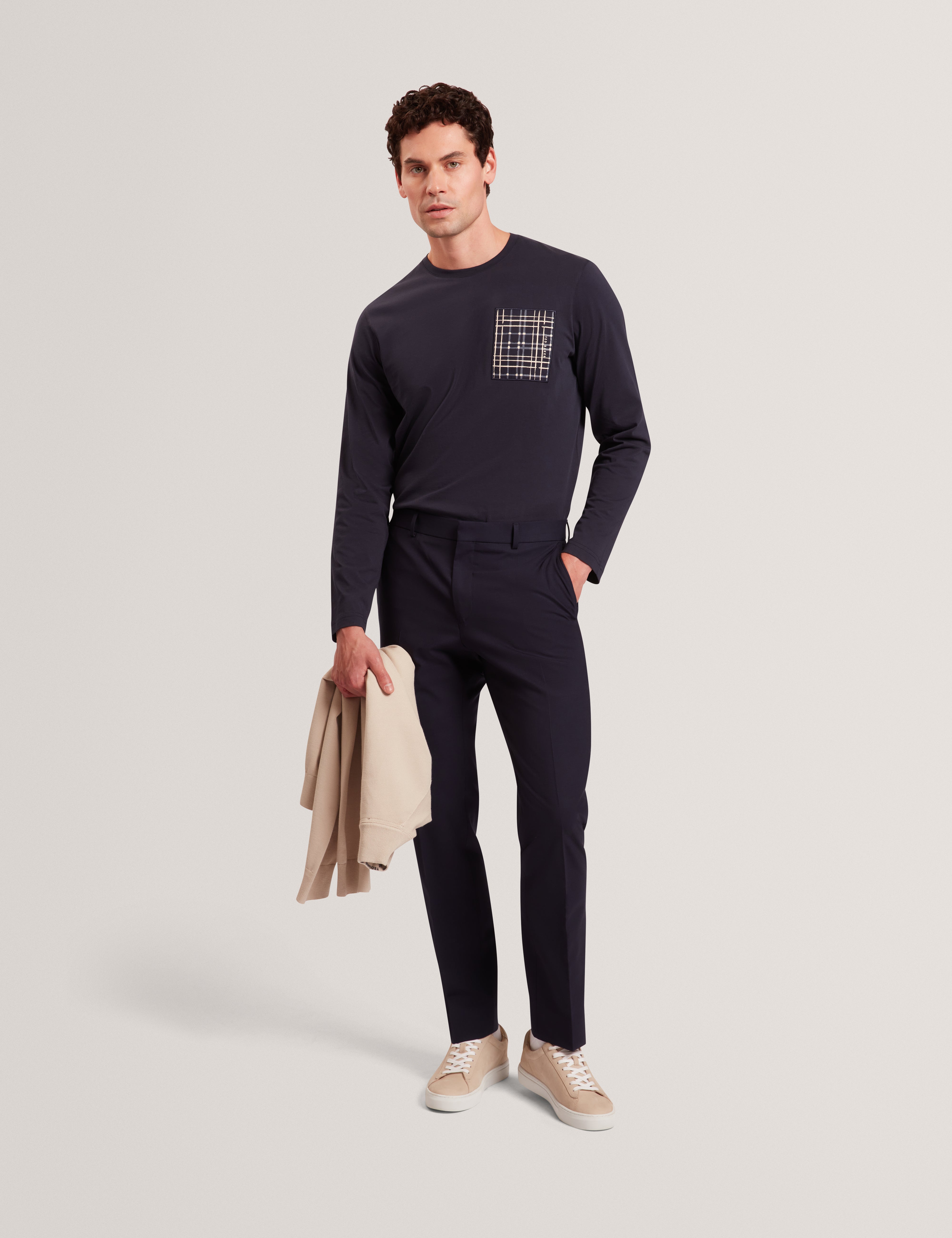 Sinino Long Sleeve Box Print T-Shirt Navy