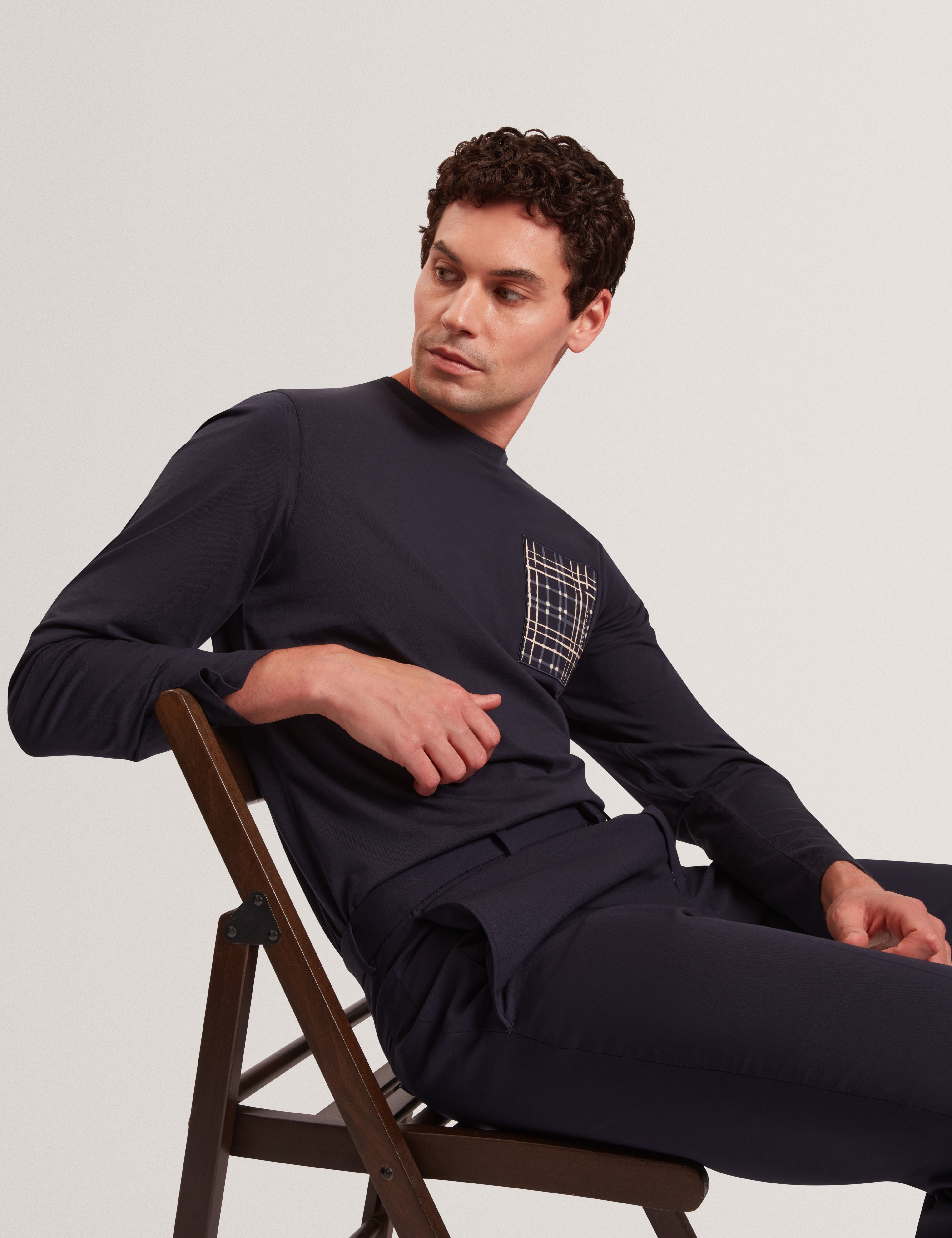 Sinino Long Sleeve Box Print T-Shirt Navy