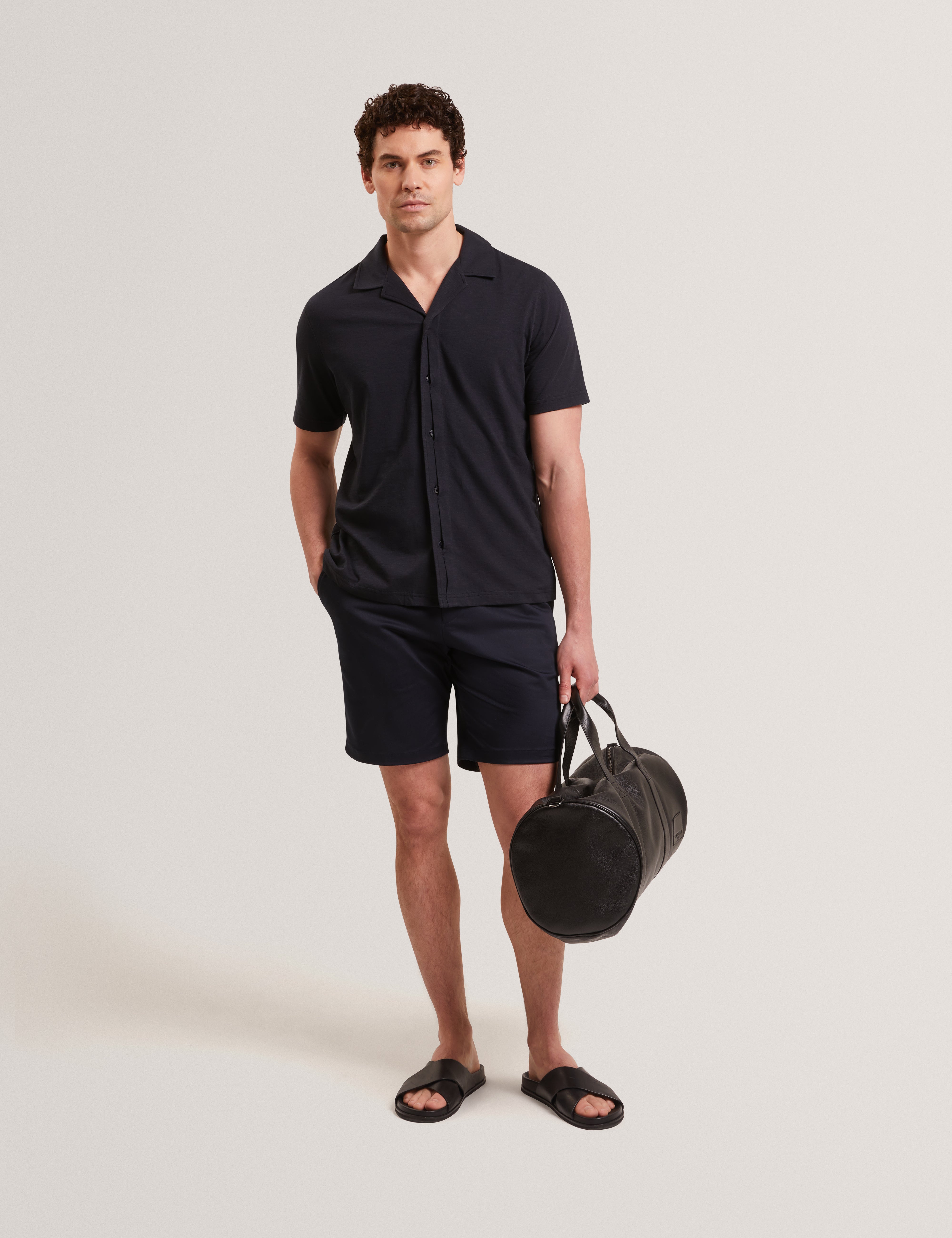 Fendry Short Sleeve Linen Button Through Polo Navy