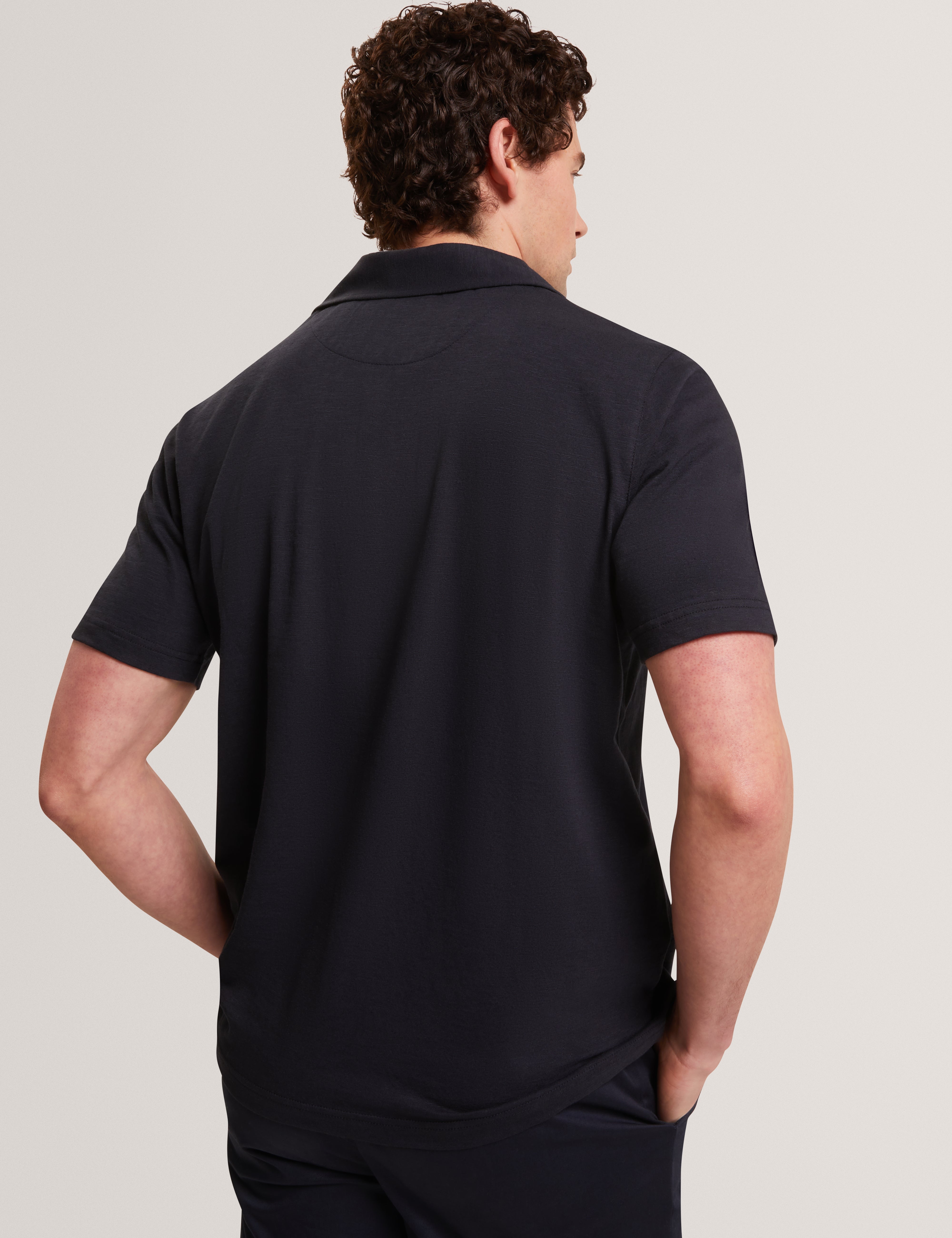 Fendry Short Sleeve Linen Button Through Polo Navy