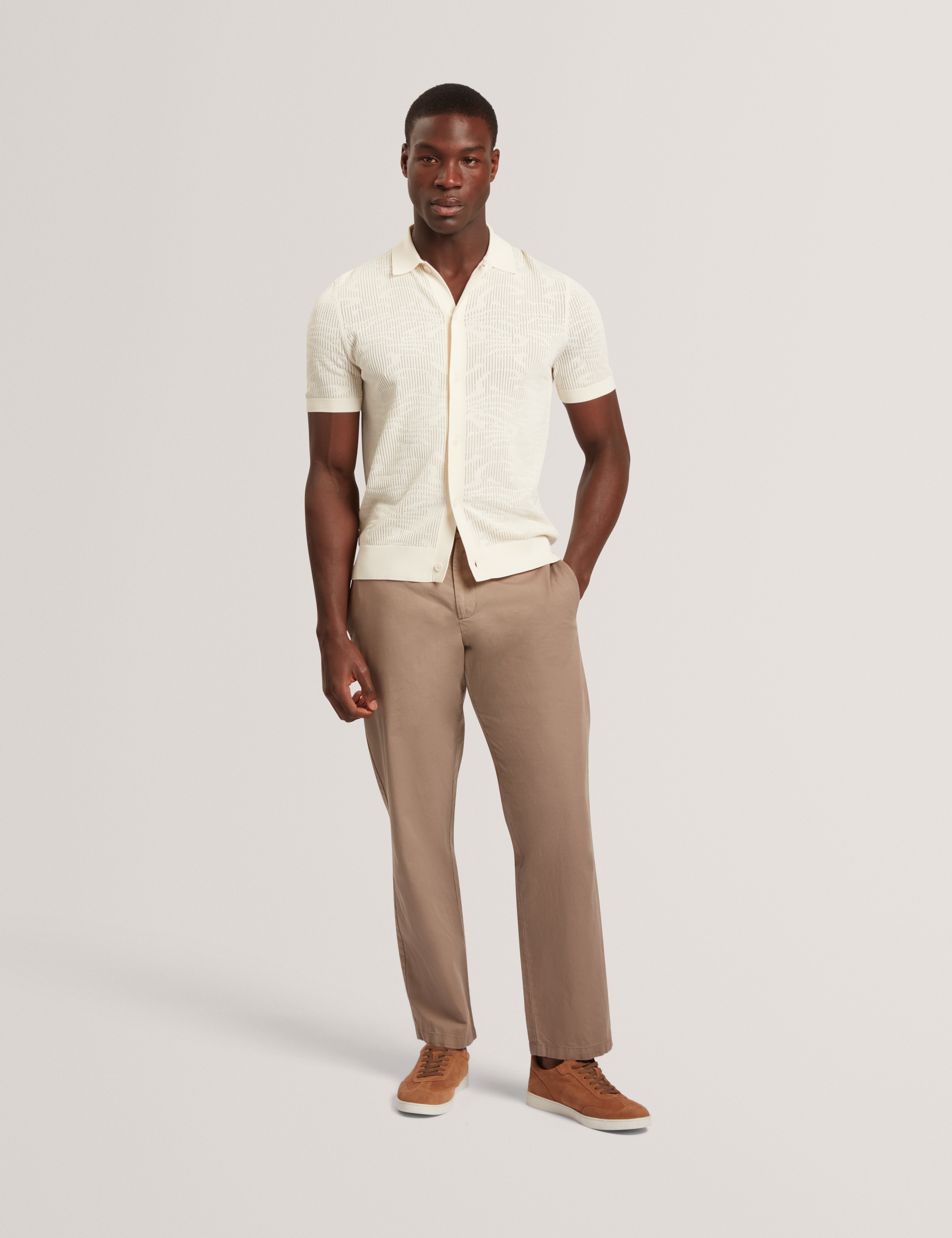 Jorien Short Sleeve Crochet Stitch Button Through Polo Ecru