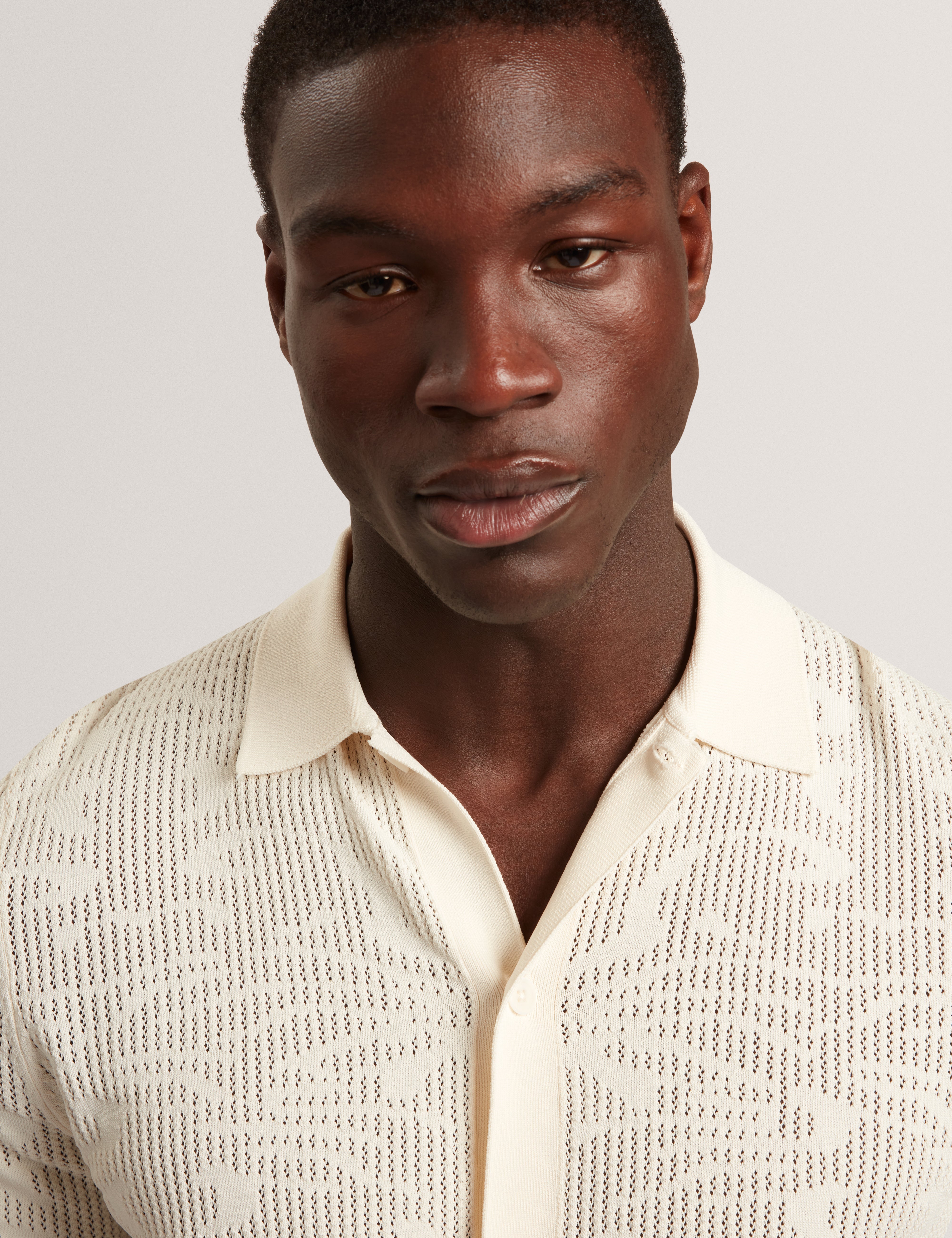 Jorien Short Sleeve Crochet Stitch Button Through Polo Ecru