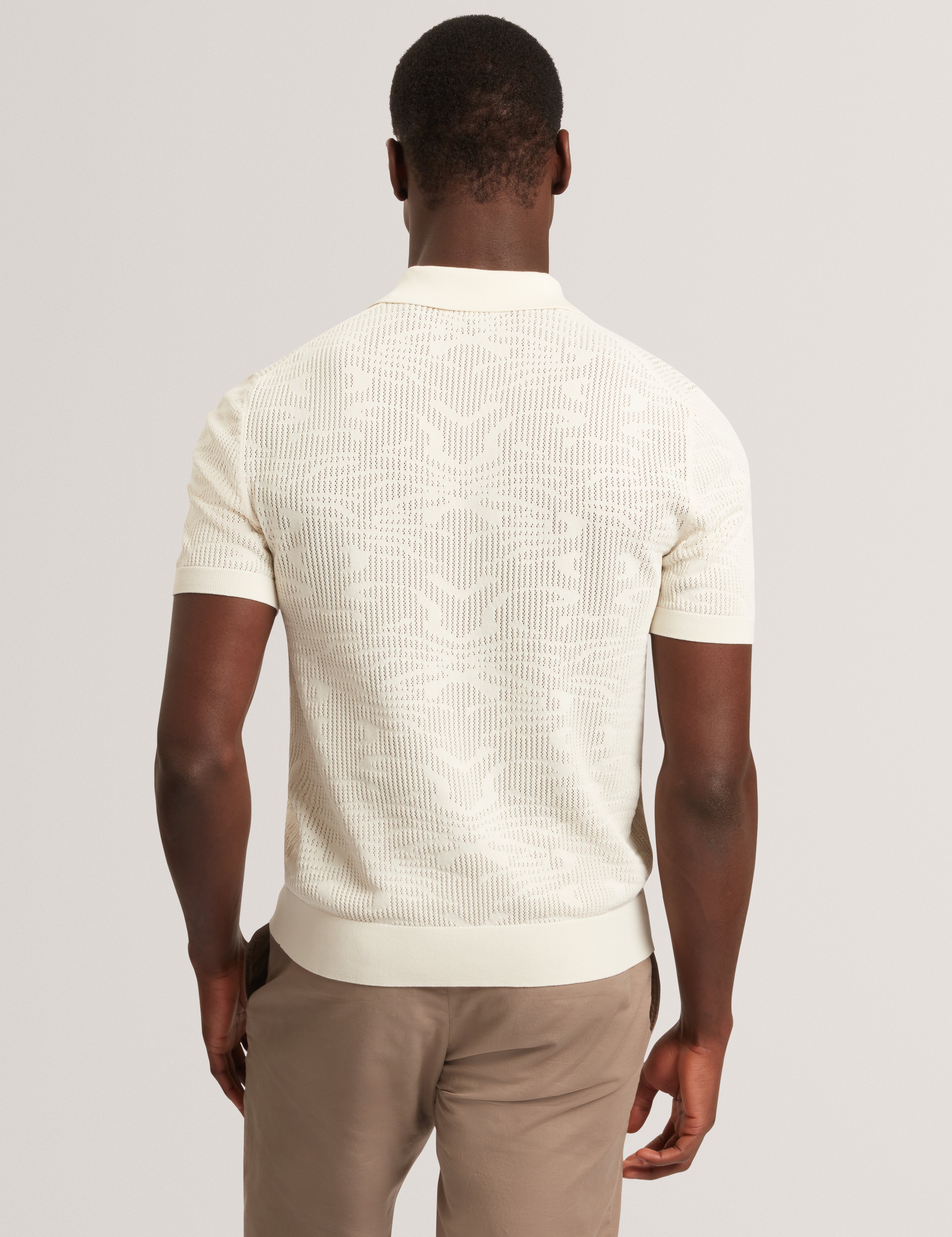 Jorien Short Sleeve Crochet Stitch Button Through Polo Ecru