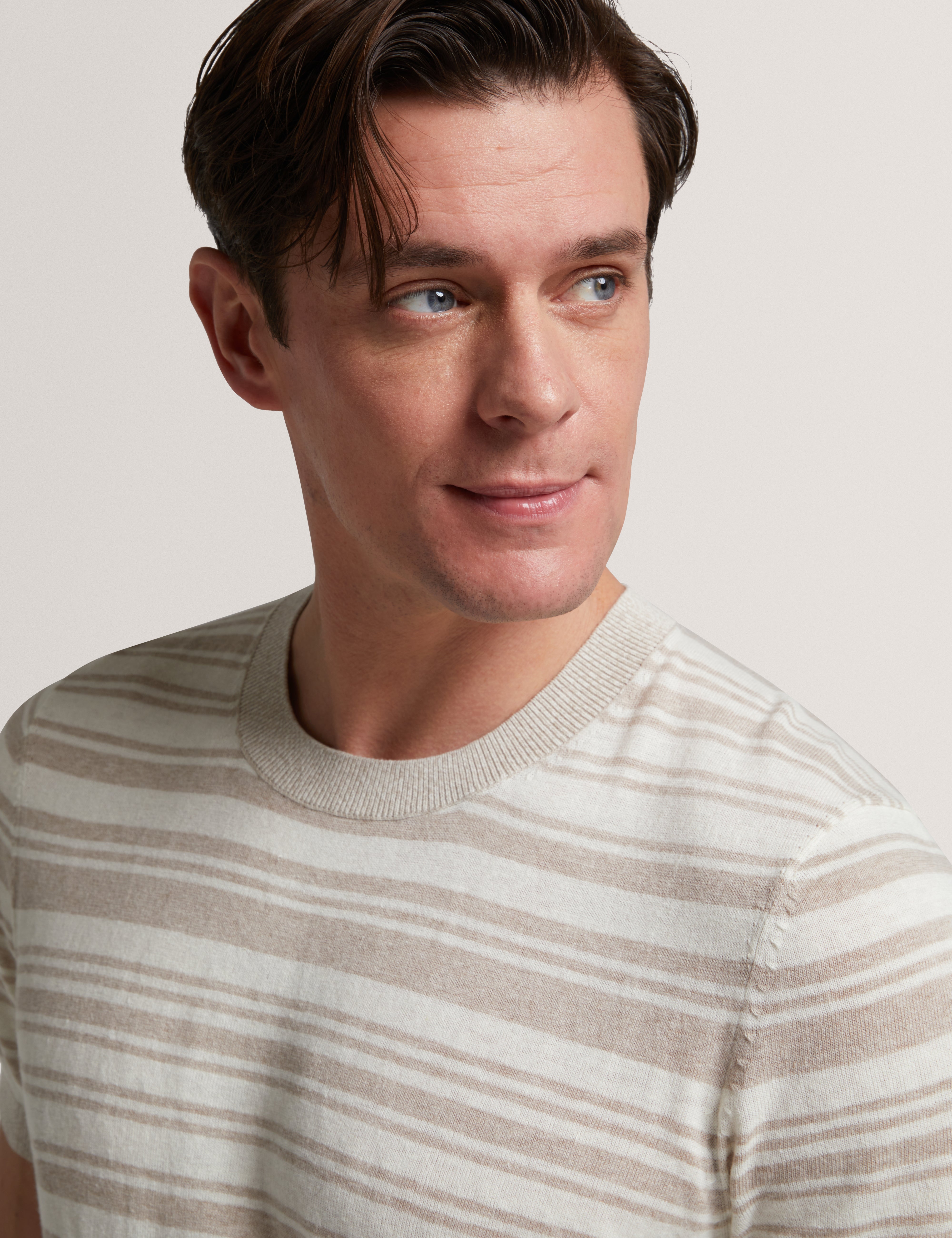 Ebrg Linen Blend Stripe Knitted T-Shirt Ecru