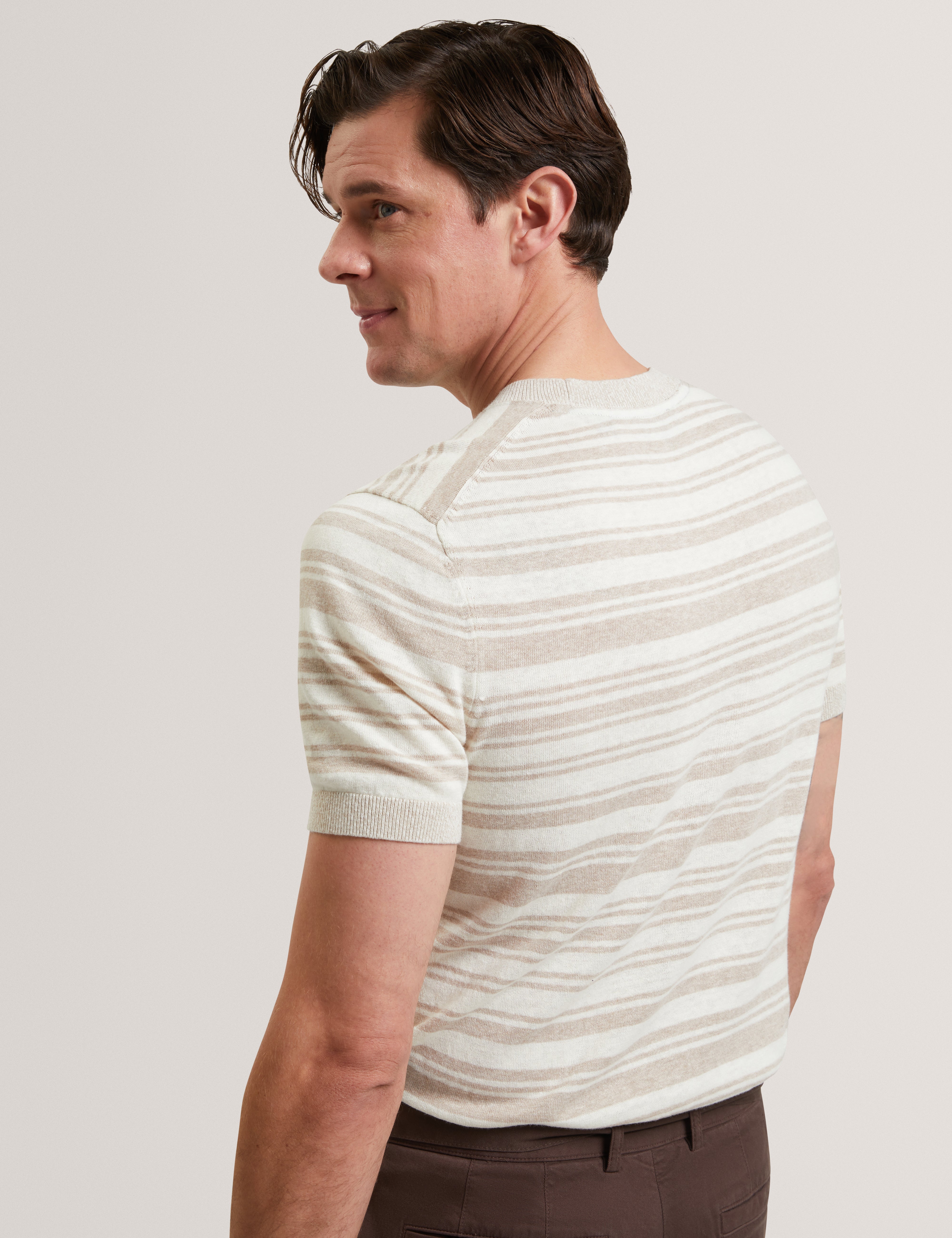Ebrg Linen Blend Stripe Knitted T-Shirt Ecru