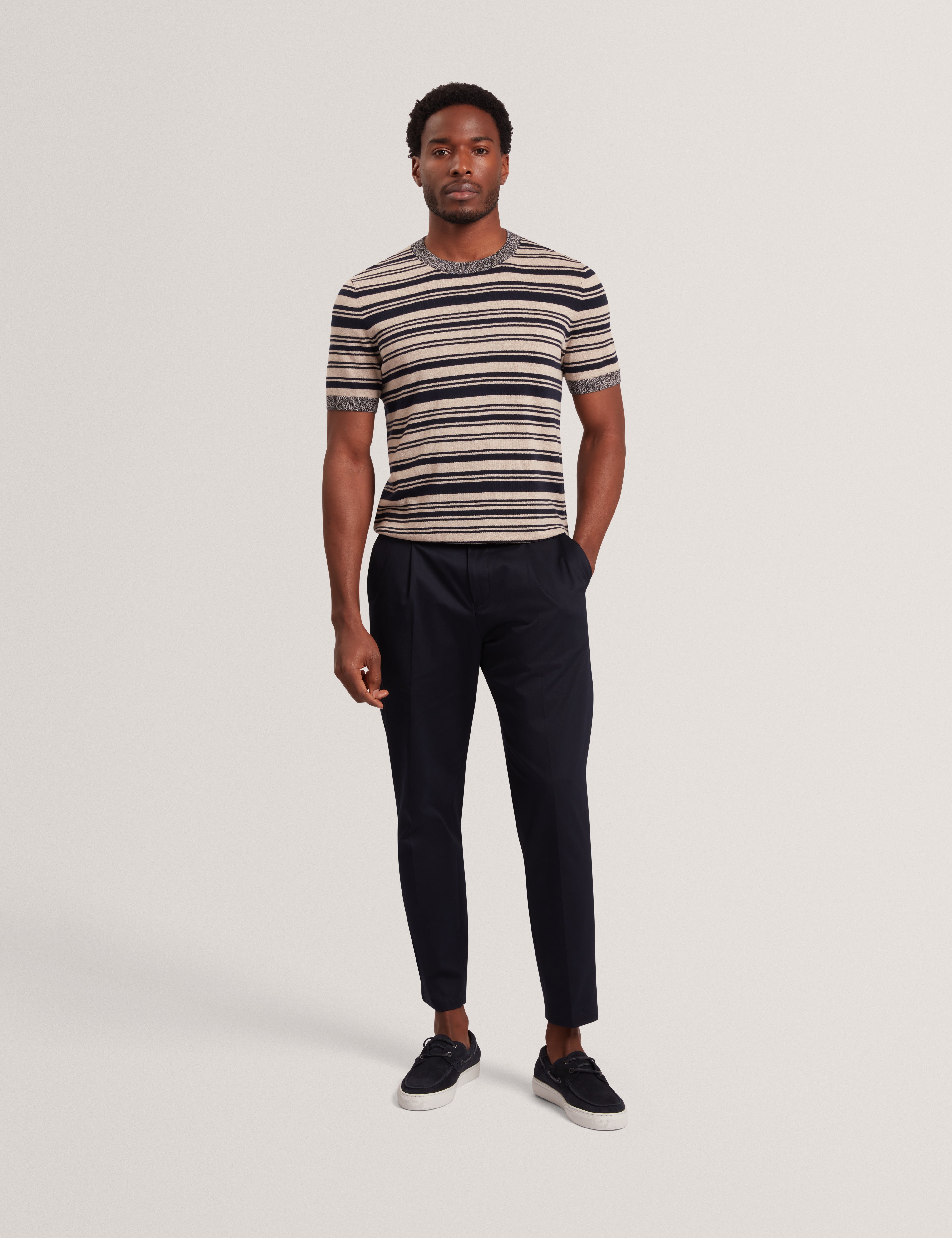 Ebrg Linen Blend Stripe Knitted T-Shirt Navy