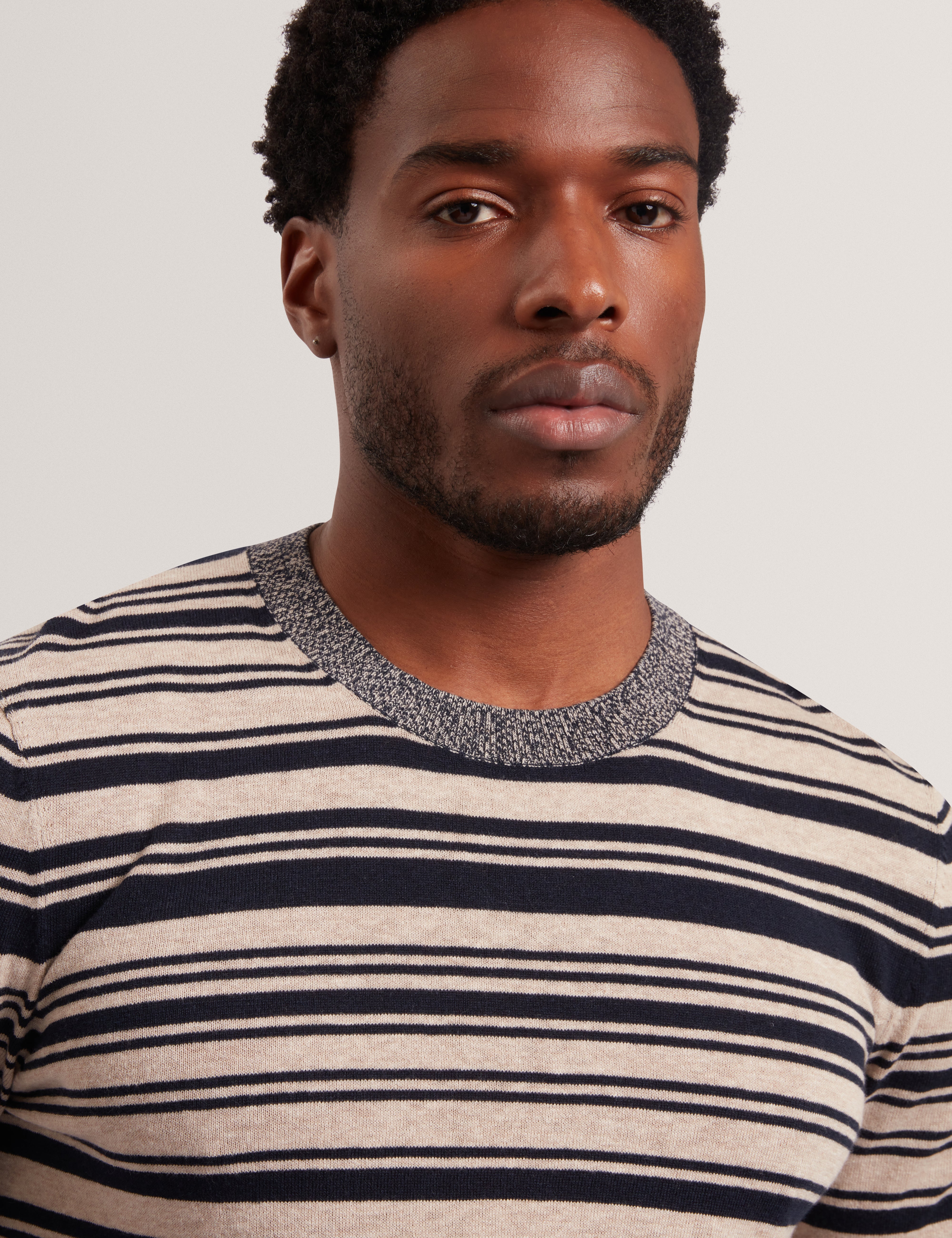 Ebrg Linen Blend Stripe Knitted T-Shirt Navy