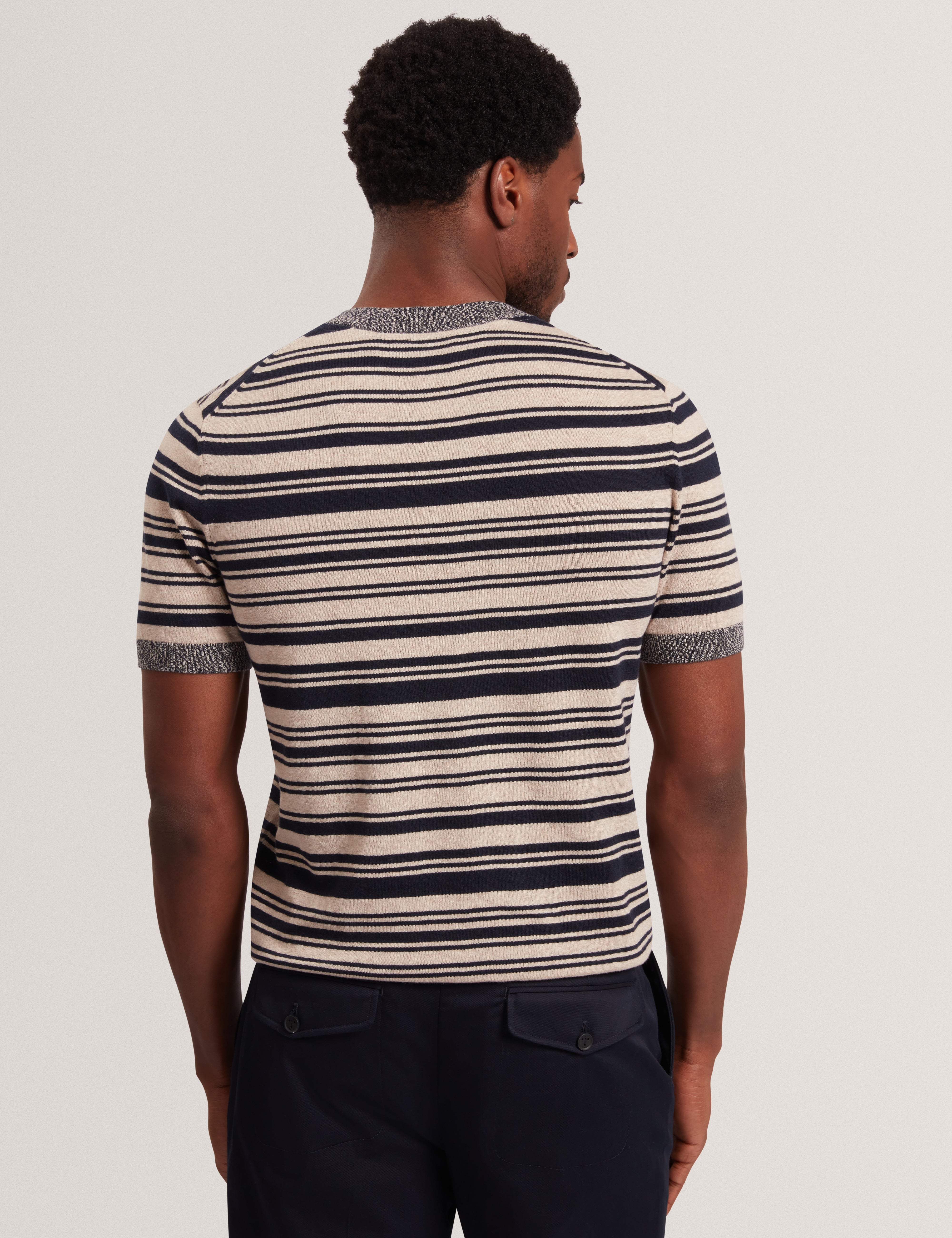 Ebrg Linen Blend Stripe Knitted T-Shirt Navy