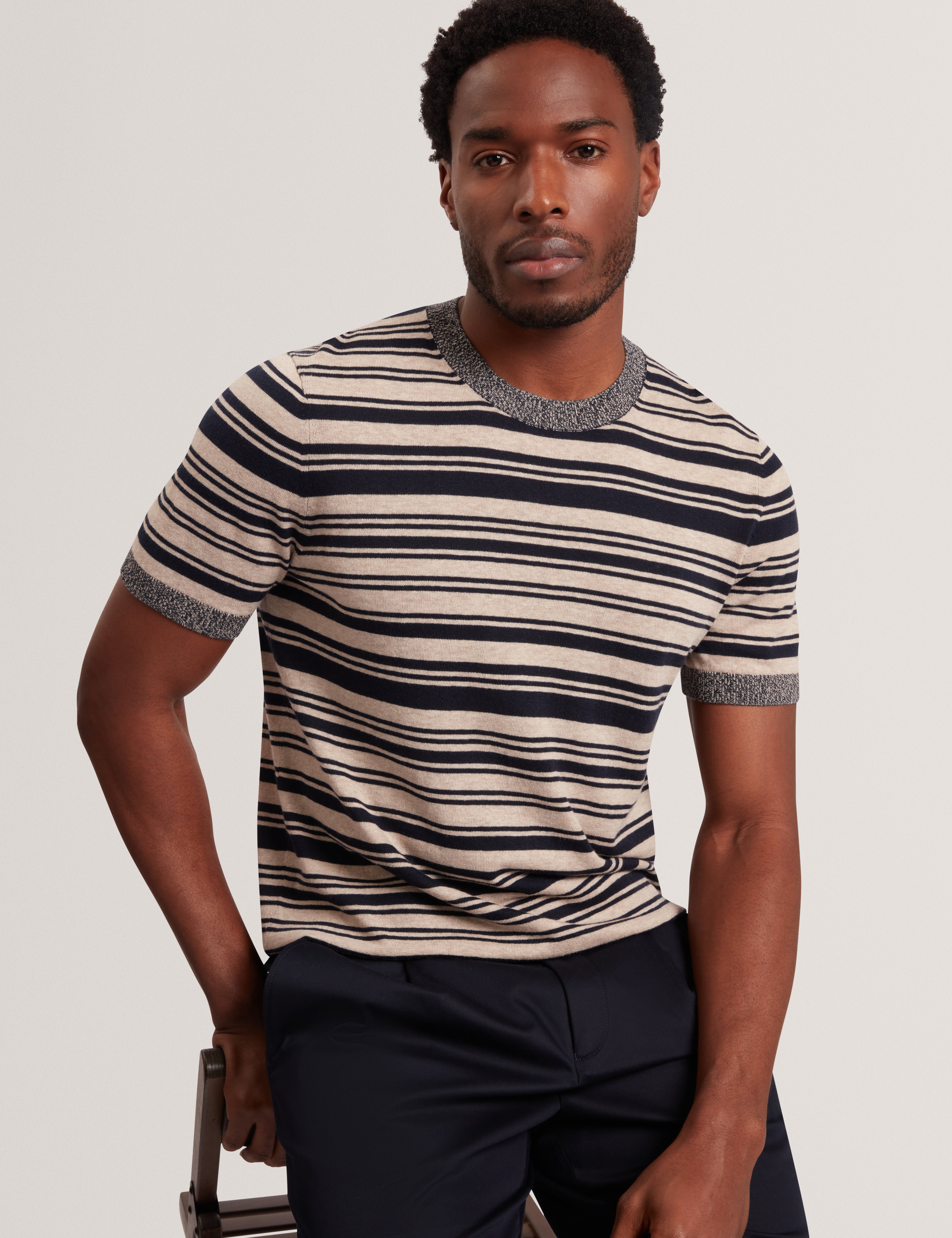 Ebrg Linen Blend Stripe Knitted T-Shirt Navy