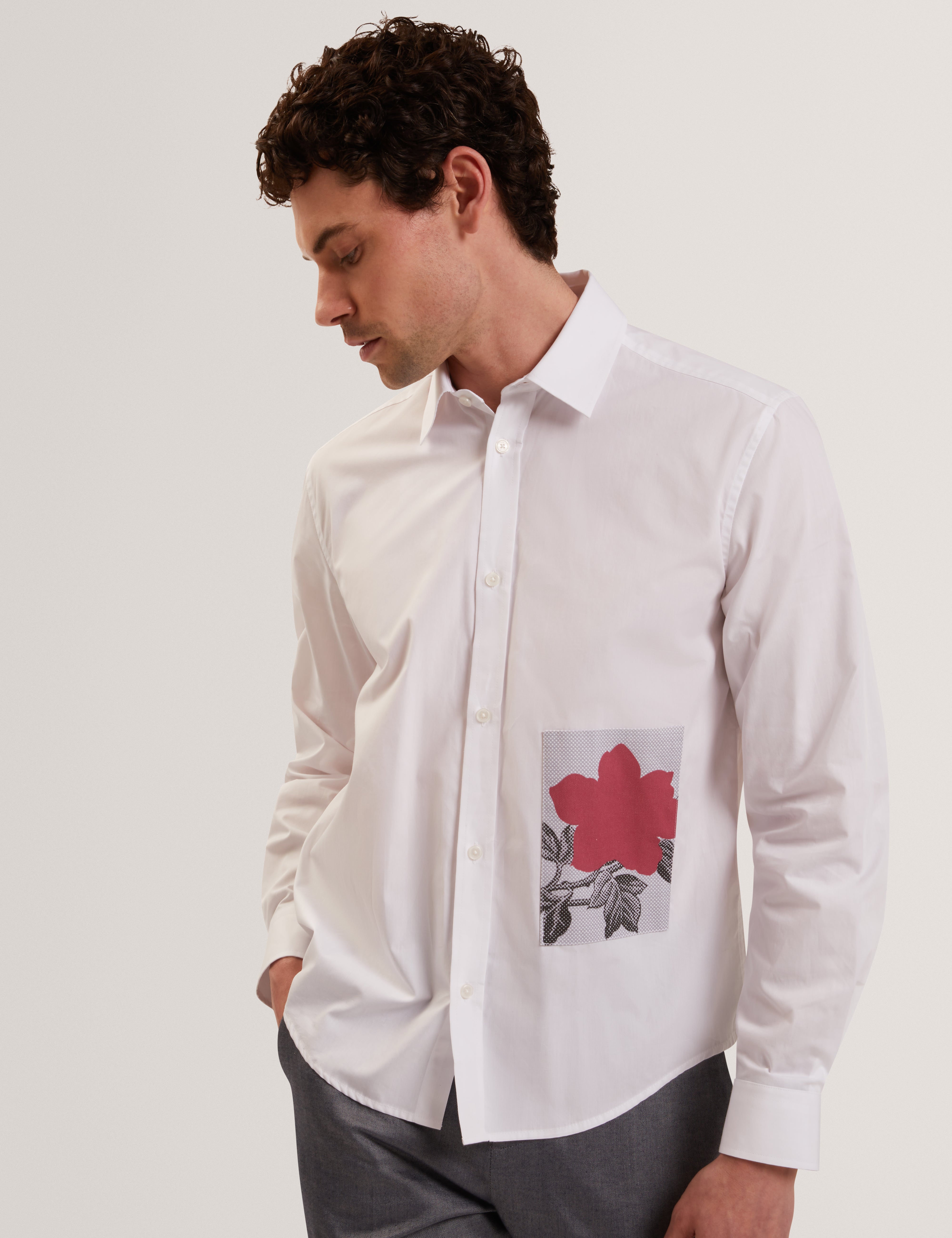 Alviro Long Sleeve Relaxed Placement Floral Shirt White