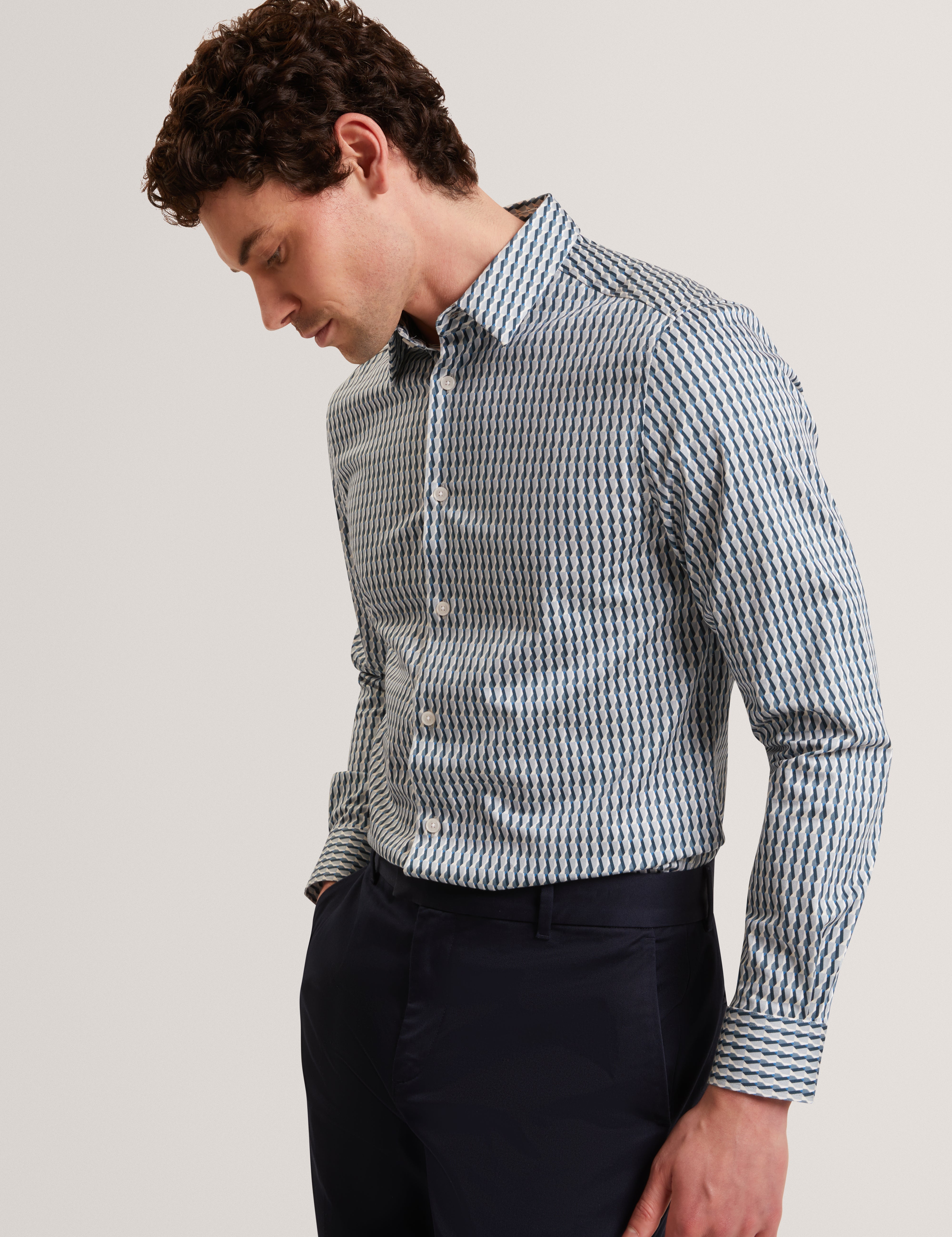 Firdawi Long Sleeve Slim Stripe Geo Shirt Navy