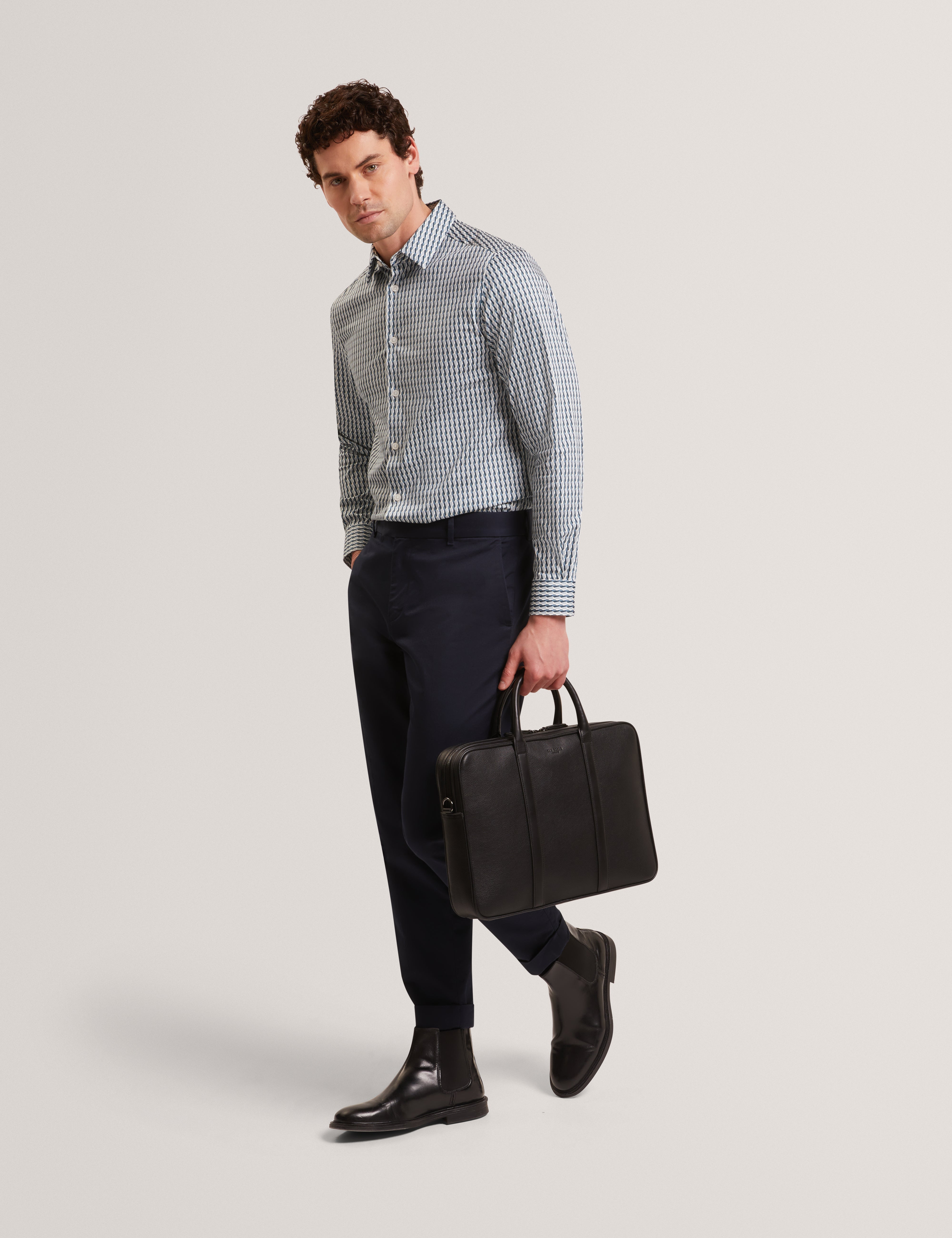 Firdawi Long Sleeve Slim Stripe Geo Shirt Navy