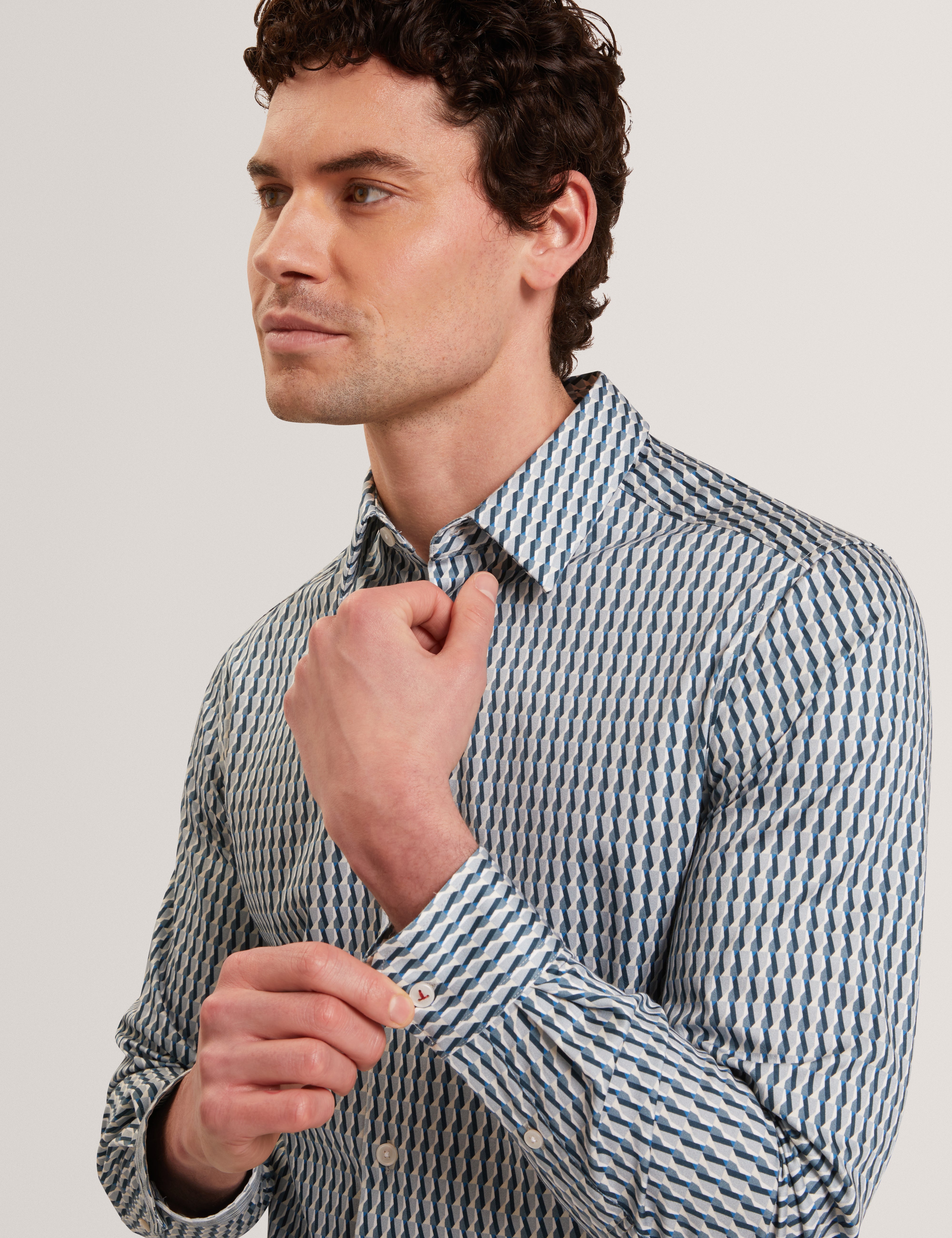 Firdawi Long Sleeve Slim Stripe Geo Shirt Navy