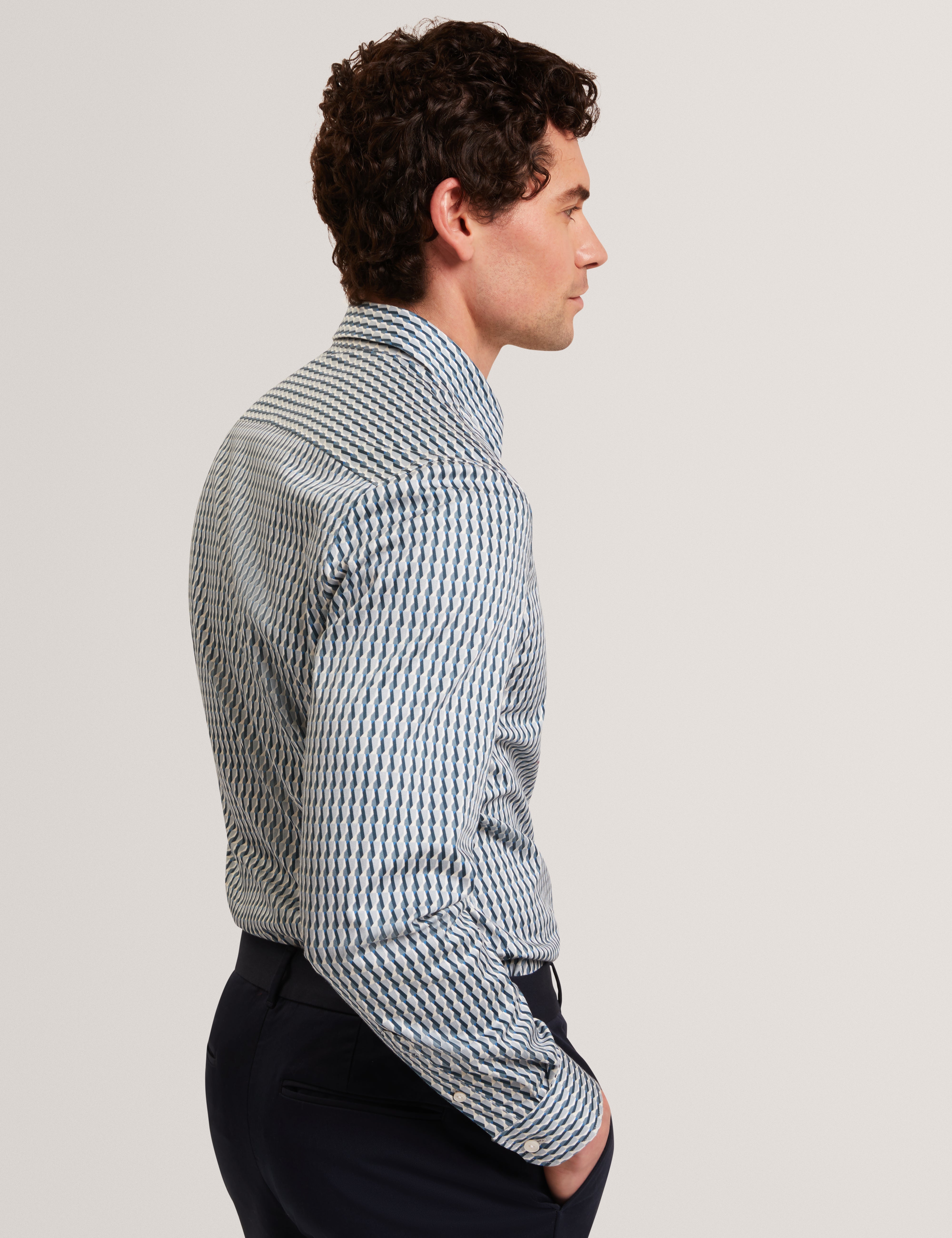 Firdawi Long Sleeve Slim Stripe Geo Shirt Navy