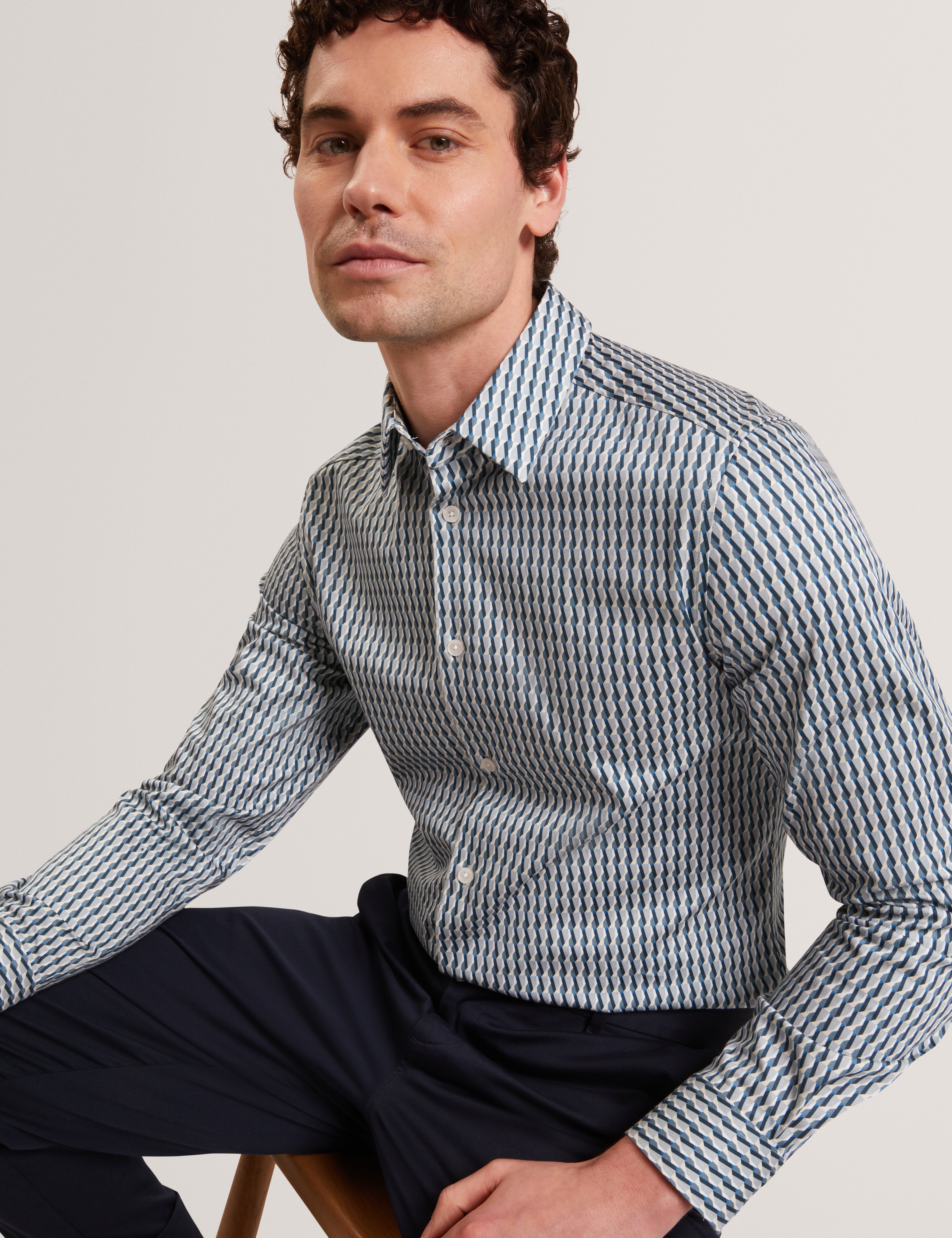 Firdawi Long Sleeve Slim Stripe Geo Shirt Navy