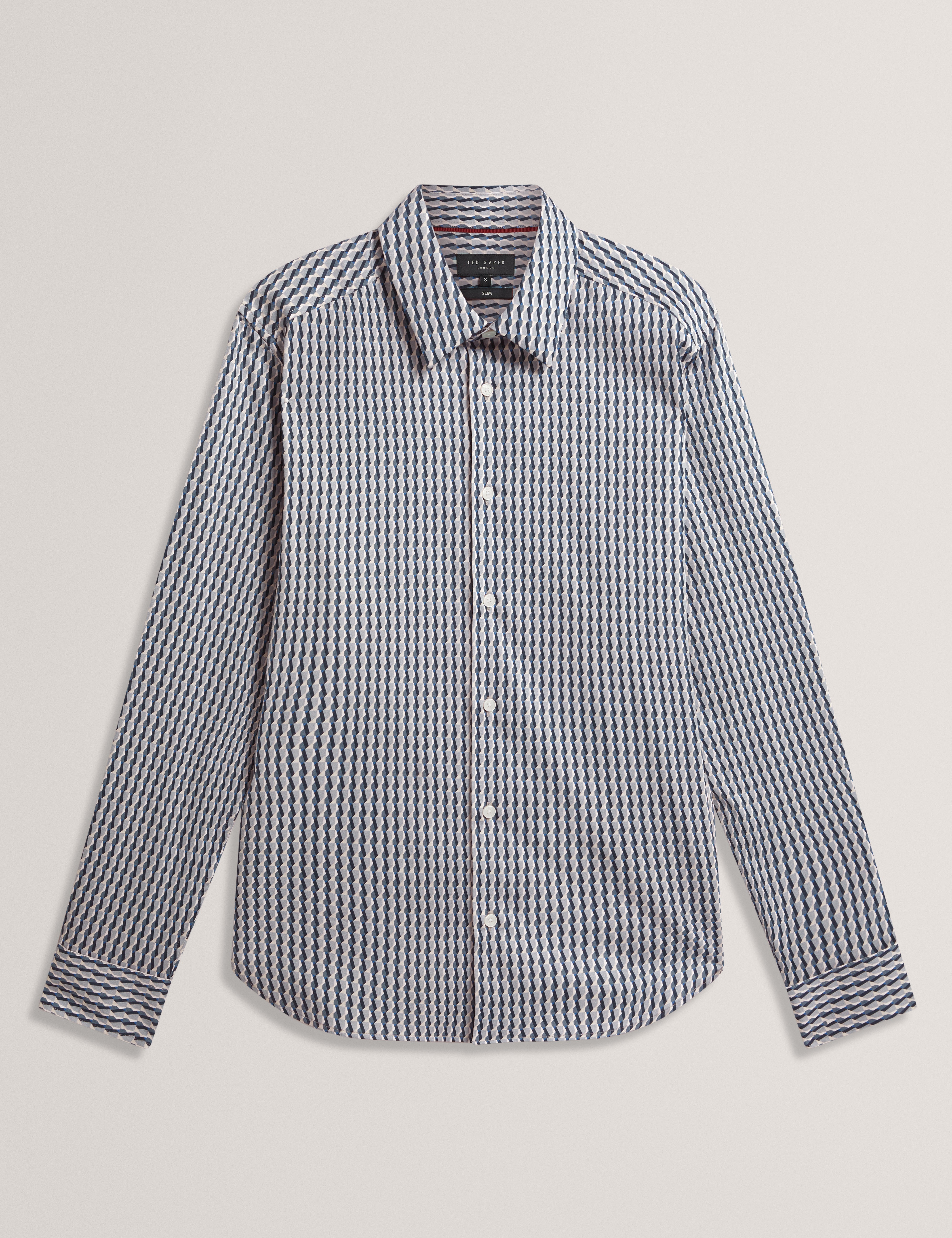 Firdawi Long Sleeve Slim Stripe Geo Shirt Navy