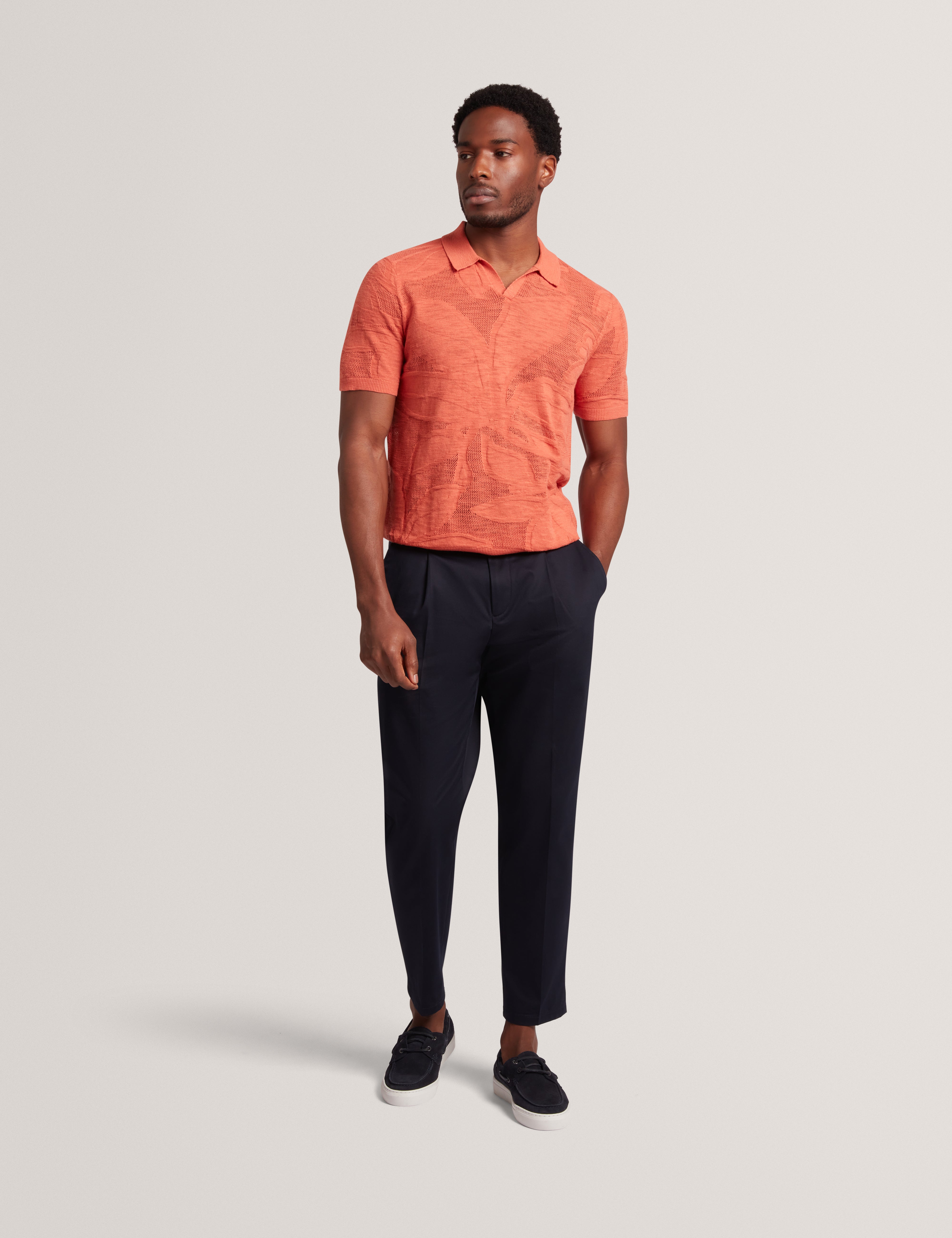 Sidraha Short Sleeve Open Neck Floral Jacquard Polo Orange