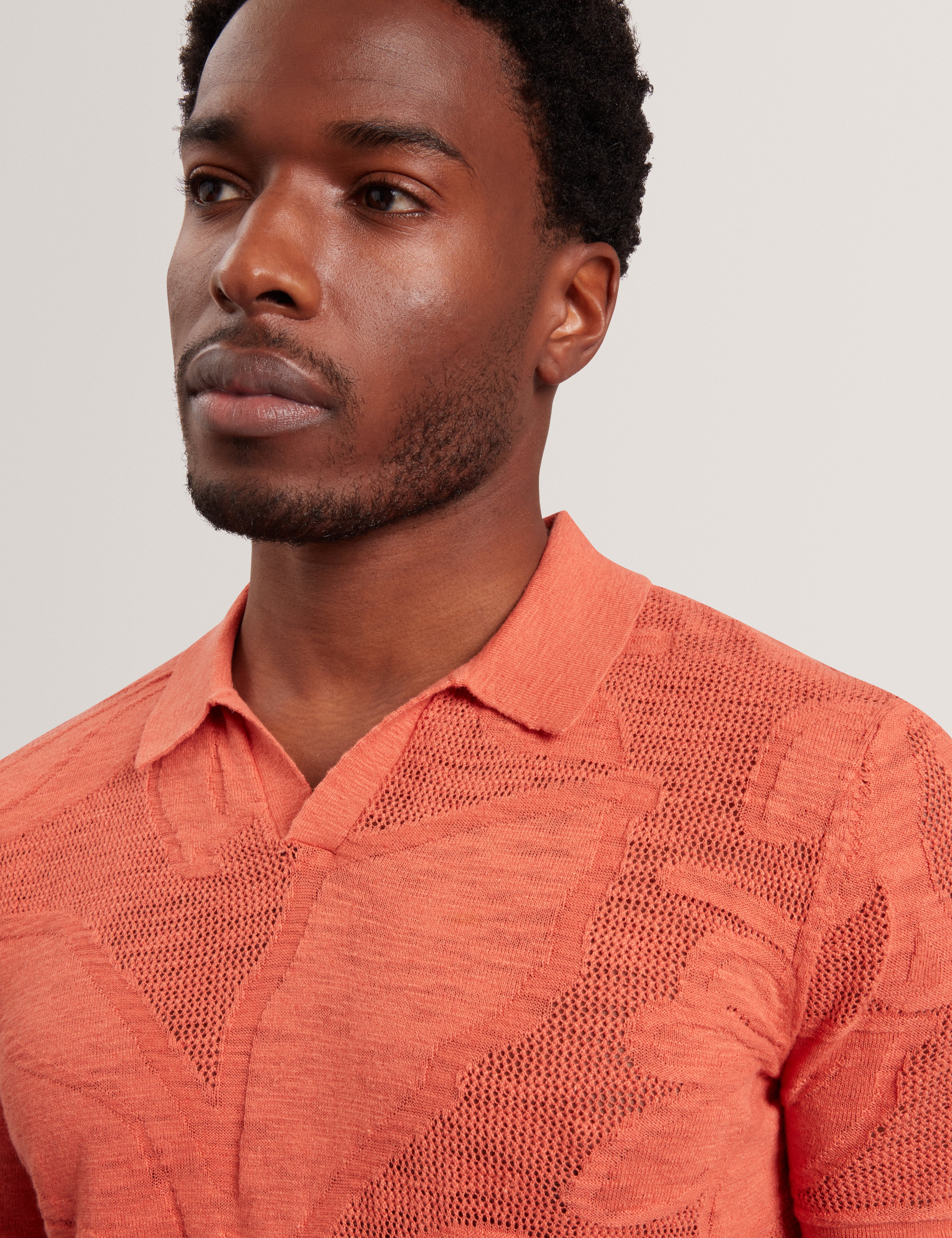 Sidraha Short Sleeve Open Neck Floral Jacquard Polo Orange