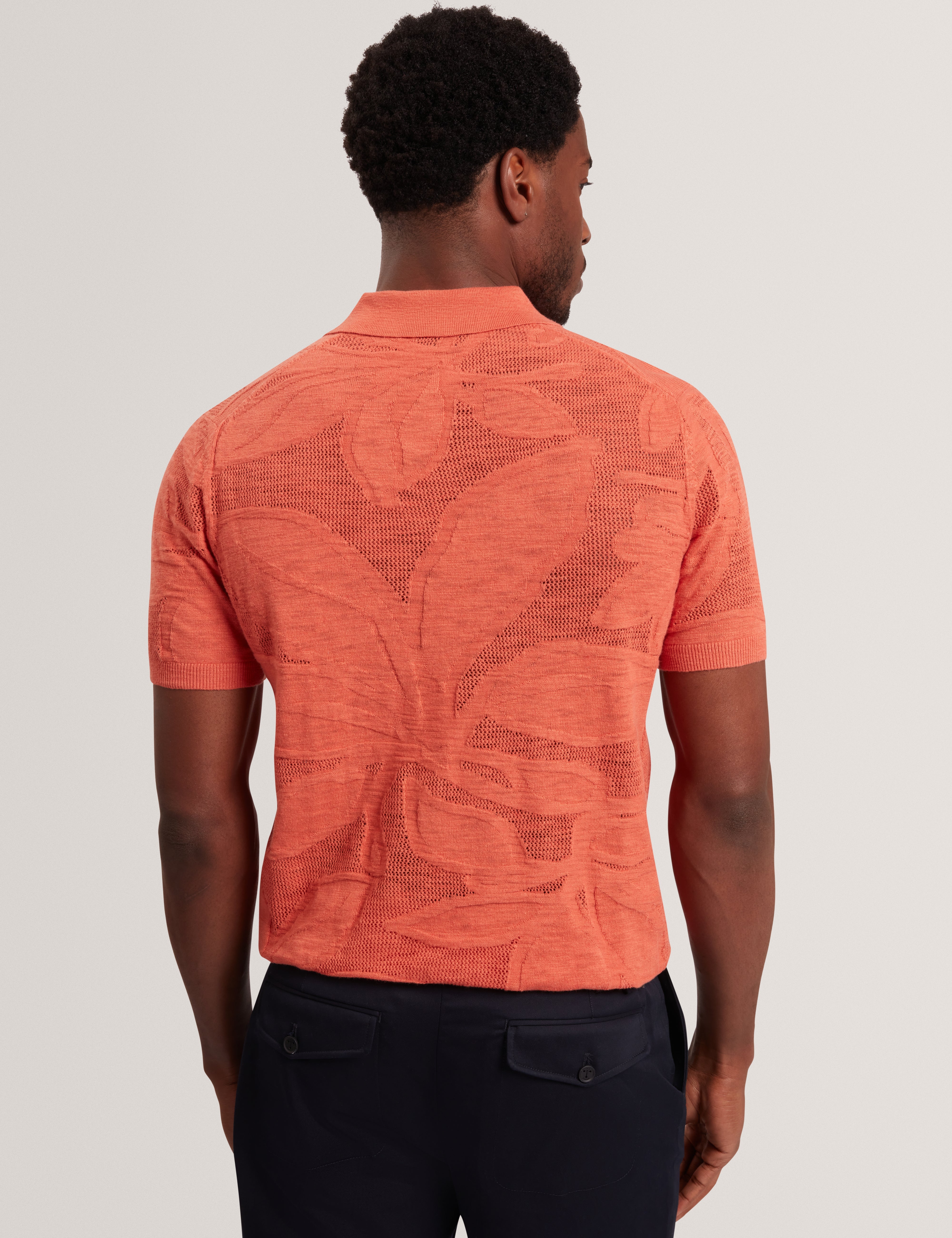 Sidraha Short Sleeve Open Neck Floral Jacquard Polo Orange