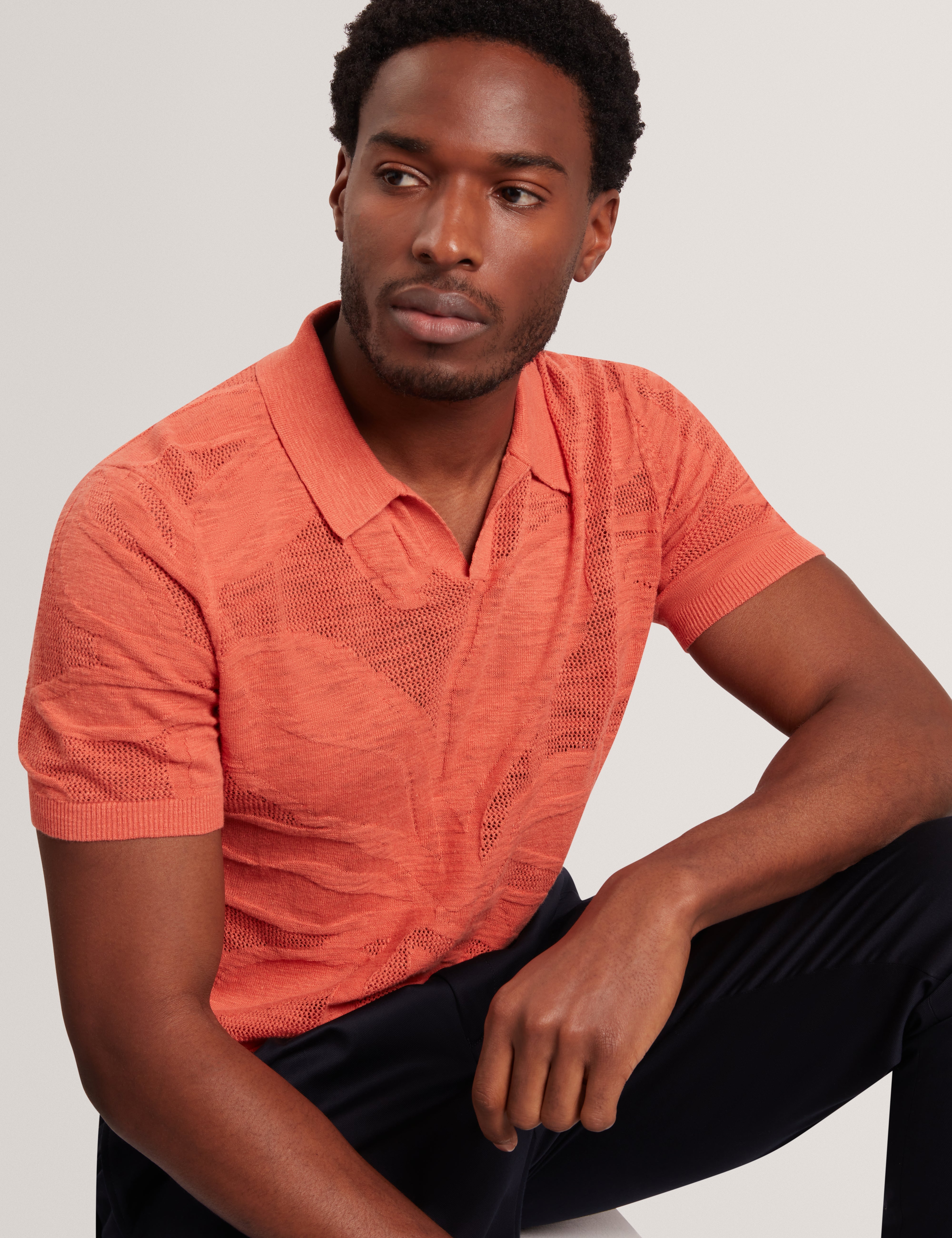 Sidraha Short Sleeve Open Neck Floral Jacquard Polo Orange