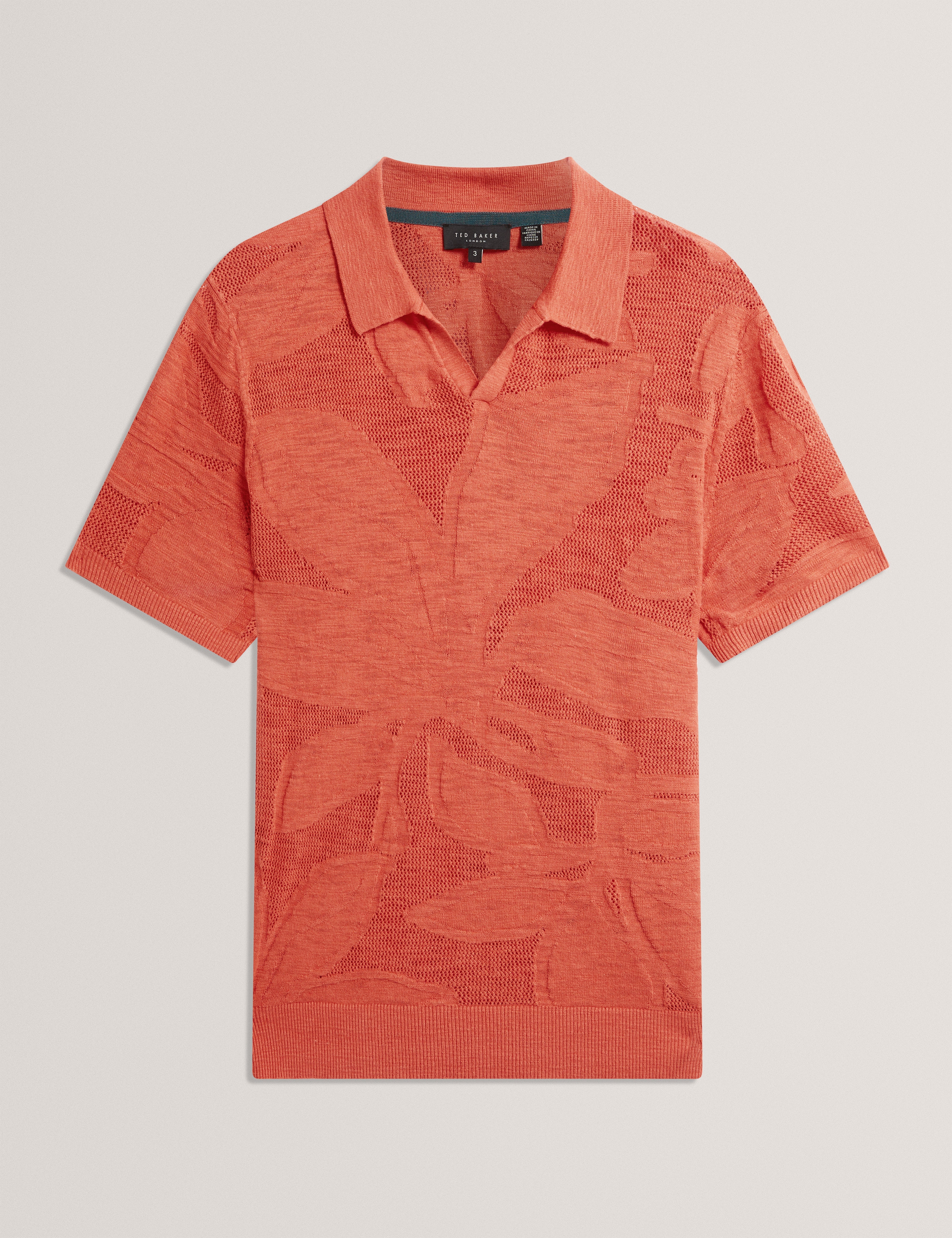 Sidraha Short Sleeve Open Neck Floral Jacquard Polo Orange
