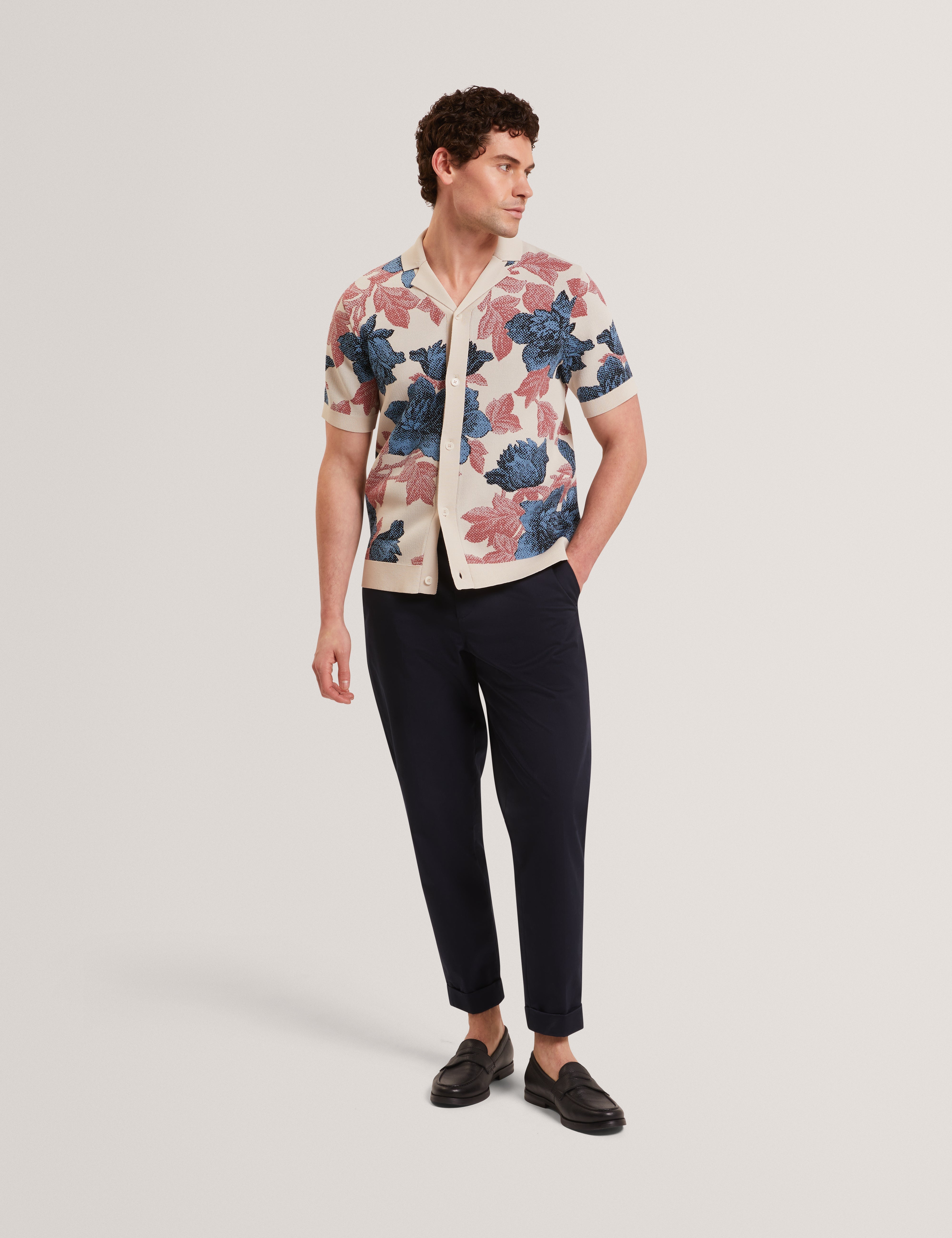 Ashqara Short Sleeve Relaxed Floral Button Through Polo Multicol