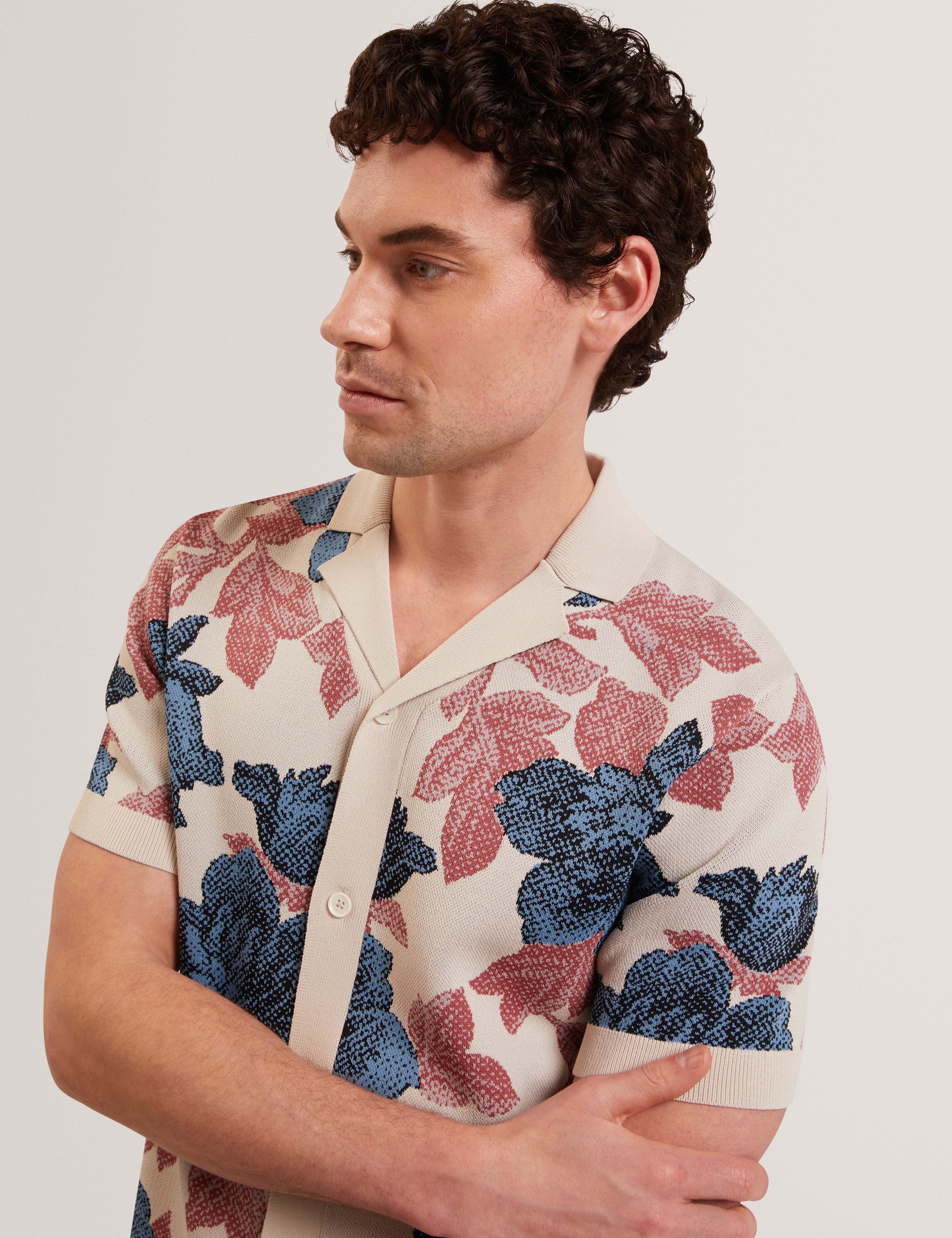 Ashqara Short Sleeve Relaxed Floral Button Through Polo Multicol