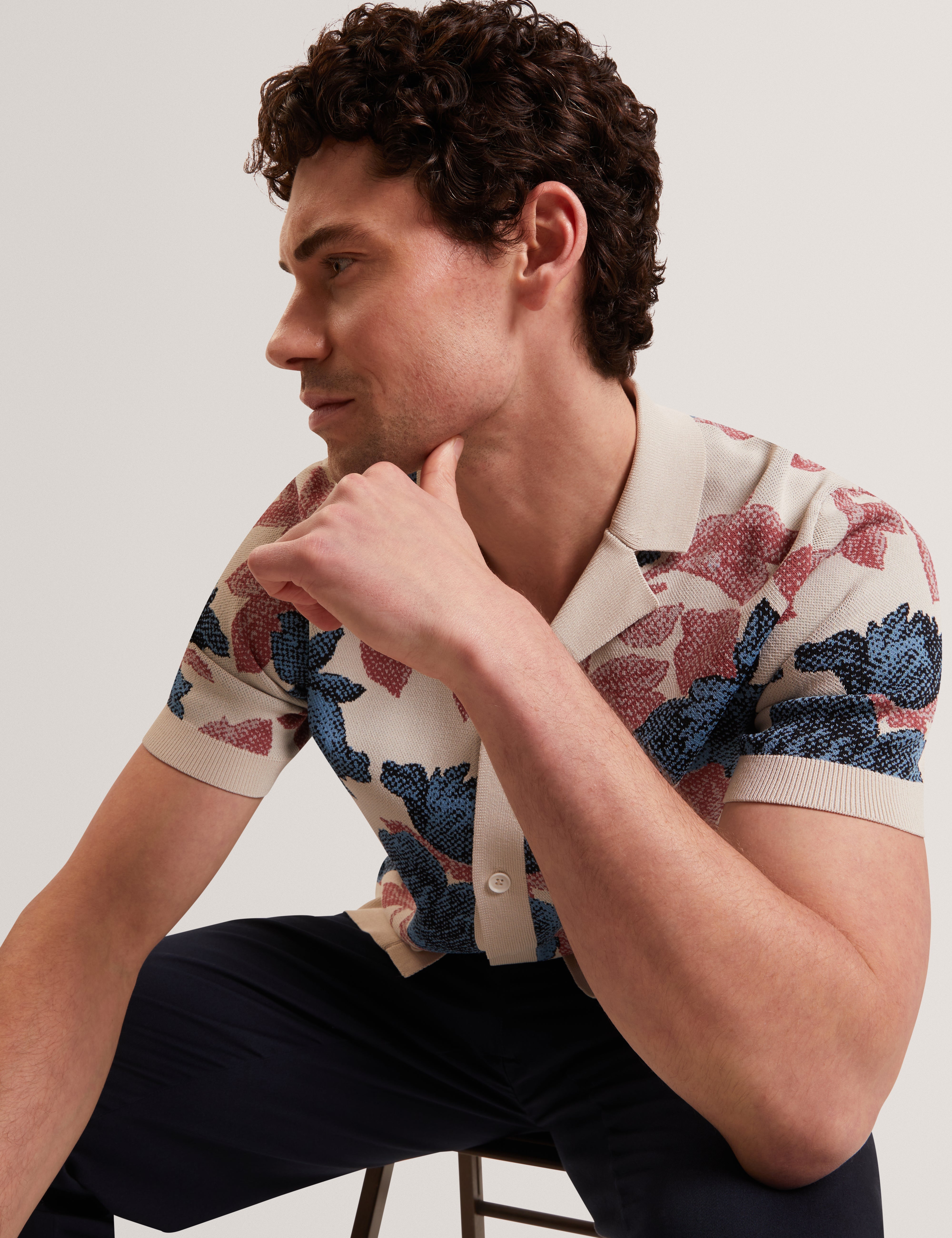 Ashqara Short Sleeve Relaxed Floral Button Through Polo Multicol