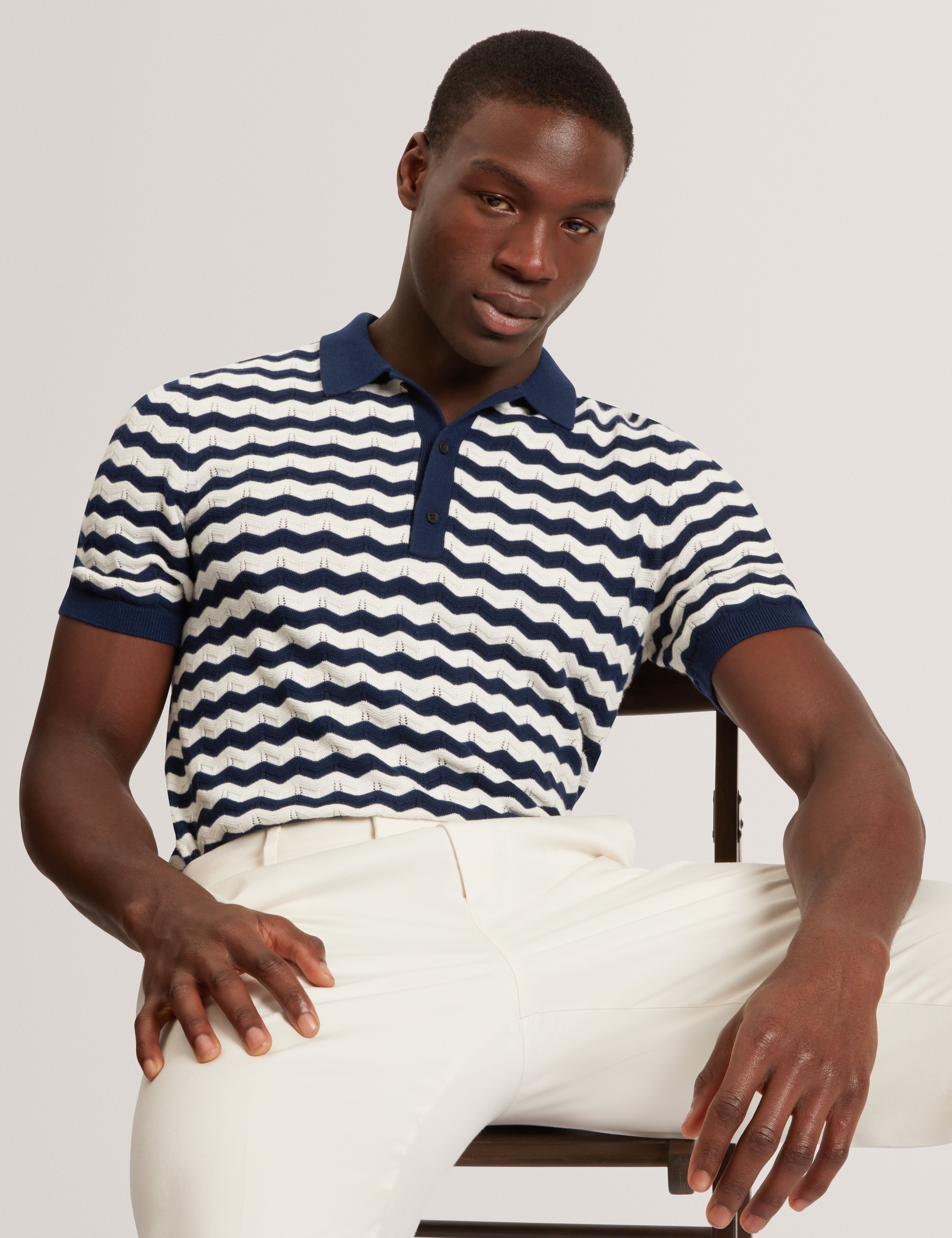 Froobie Short Sleeve Wavy Stitch Detail Polo Navy