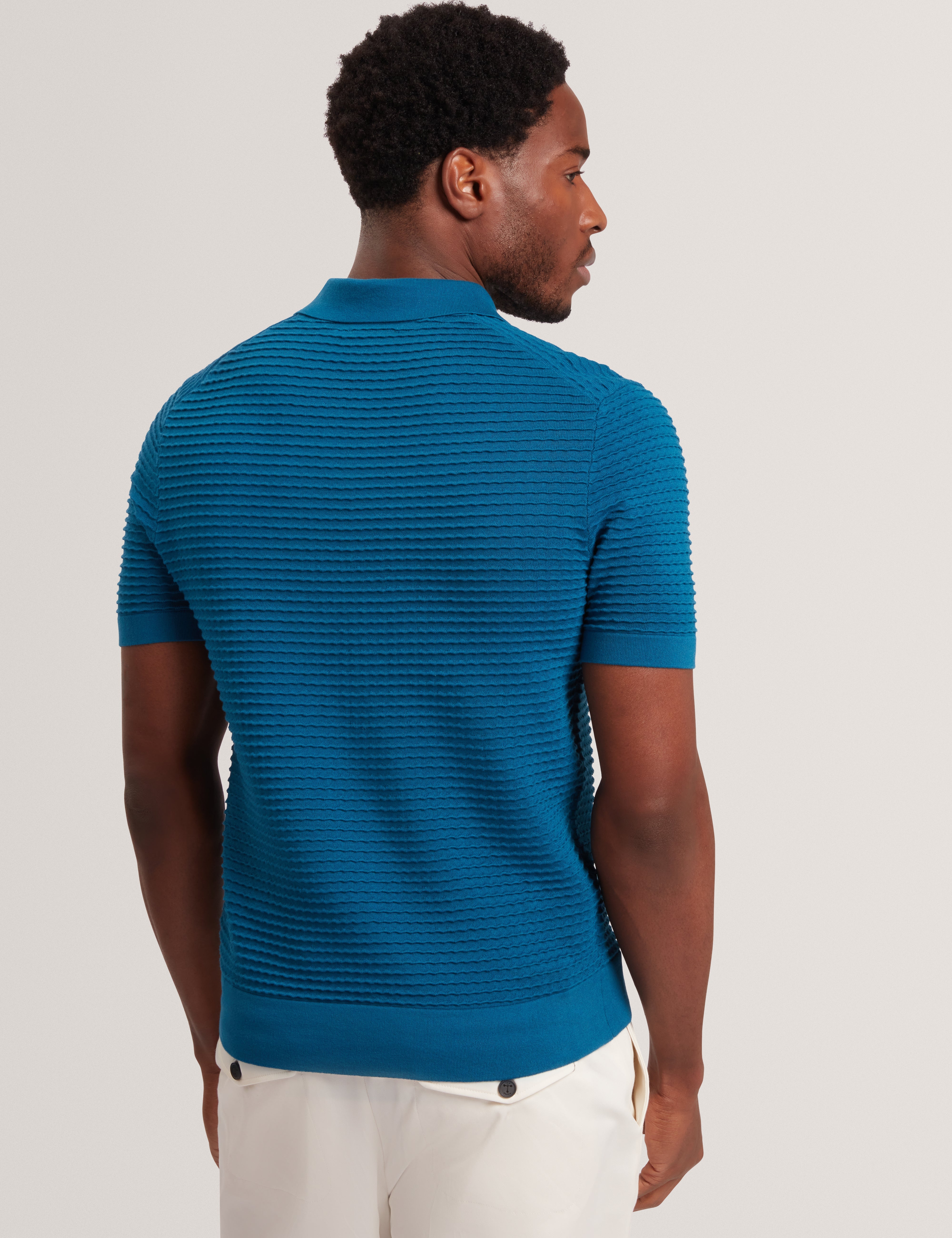 Bestel Short Sleeve Wavy Stitch Open Neck Polo Navy-Green
