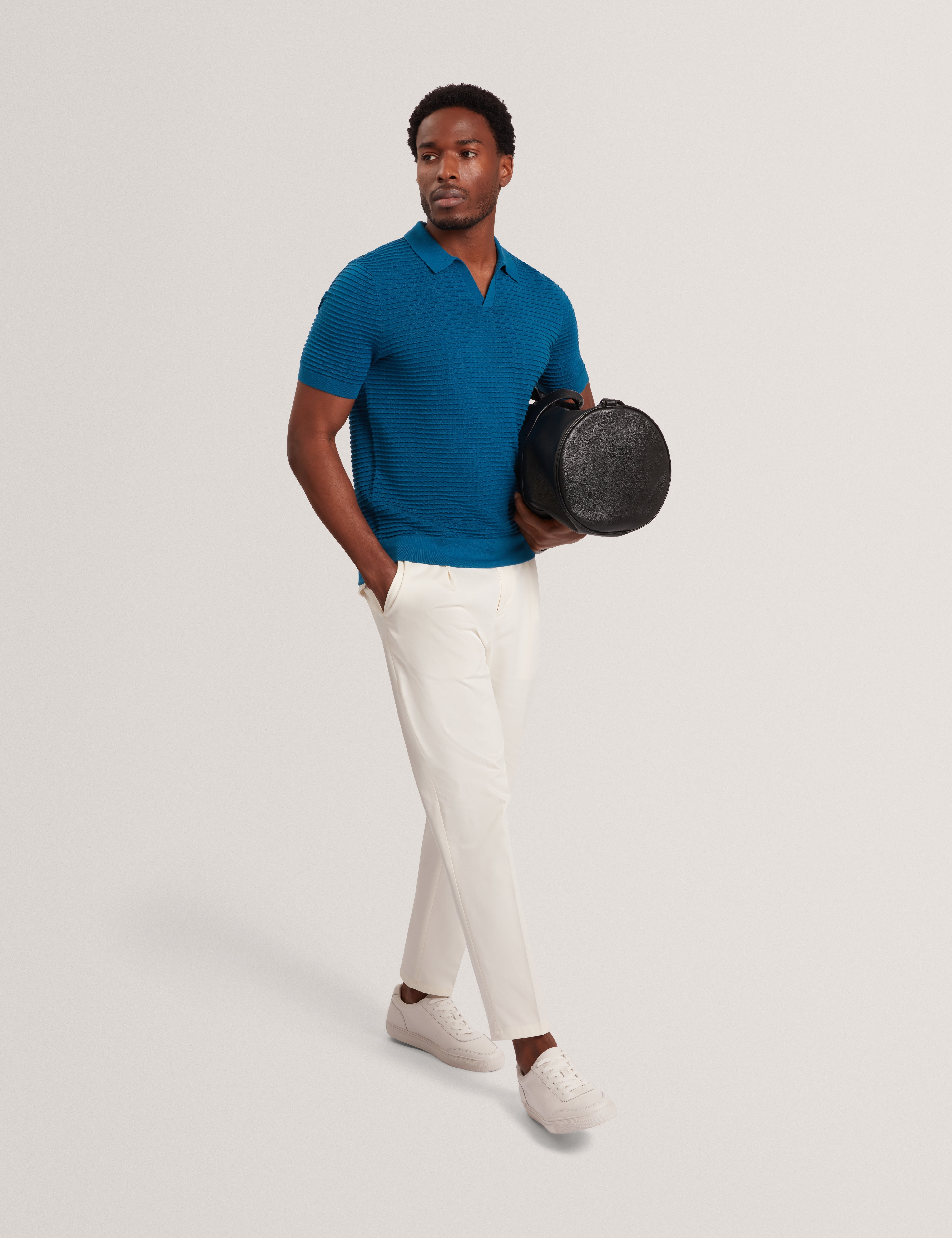 Bestel Short Sleeve Wavy Stitch Open Neck Polo Navy-Green