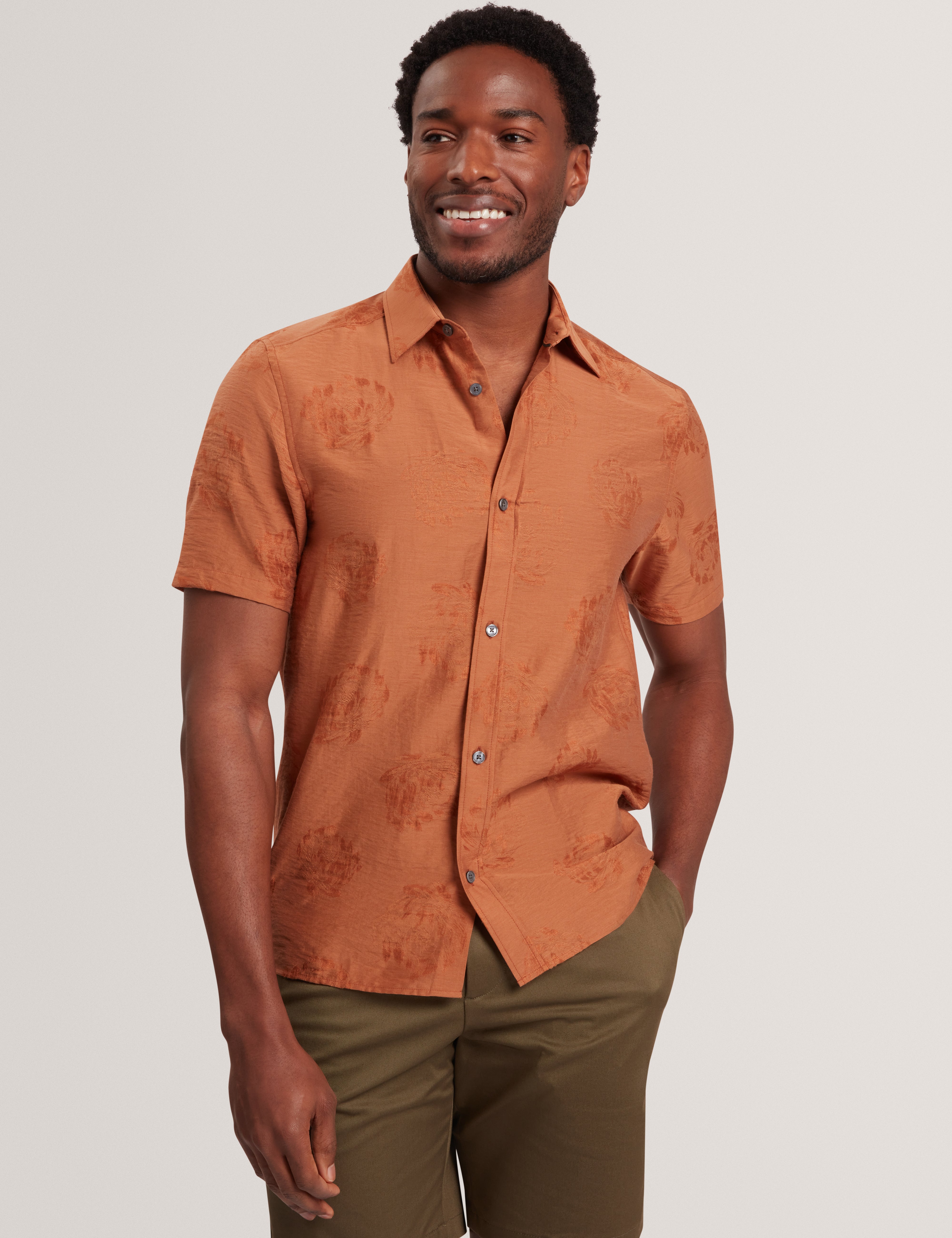 Fabiane Short Sleeve Regular Floral Jacquard Shirt Brn-Red