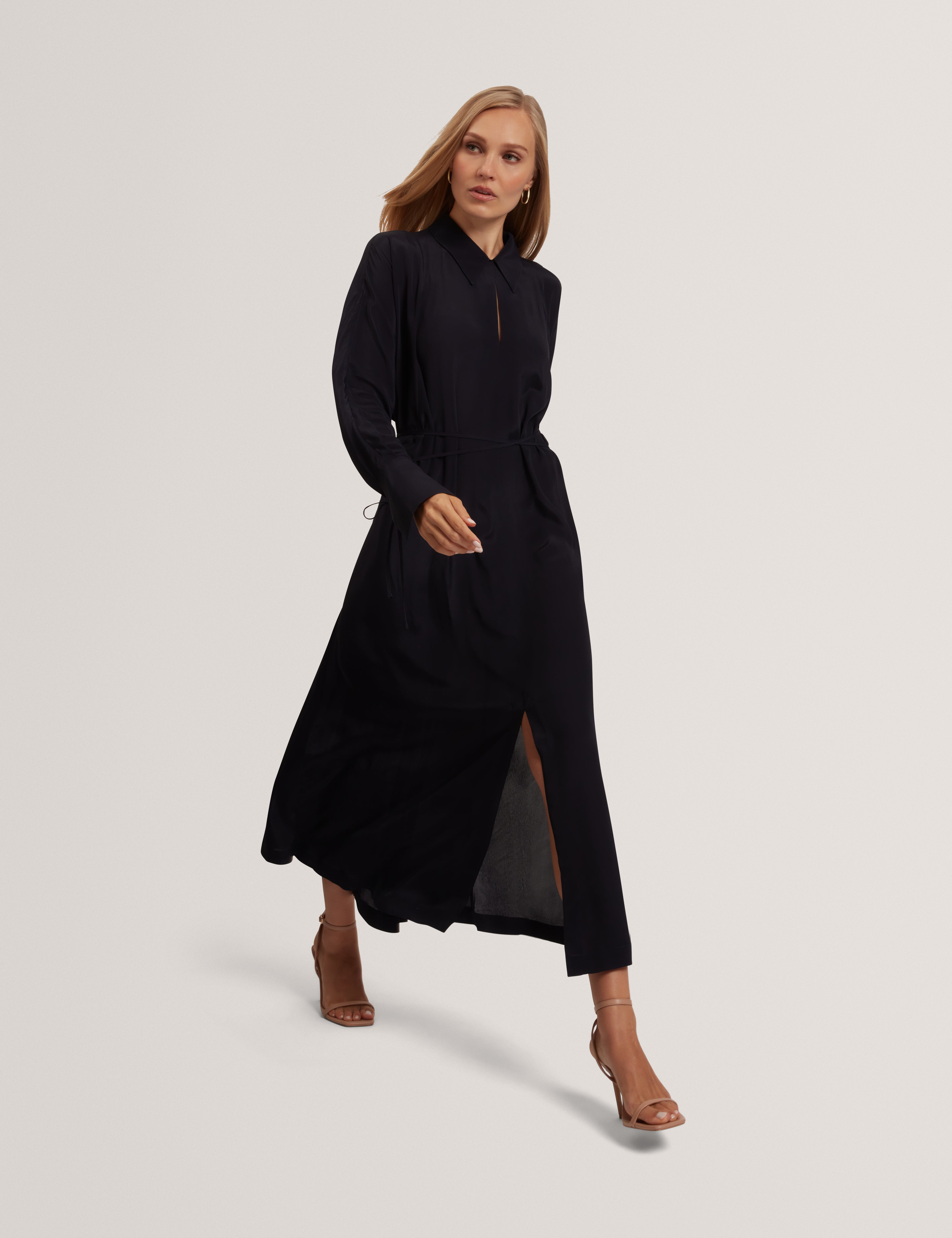 Rhaeaa Tie Detail Midi Shirt Dress Navy