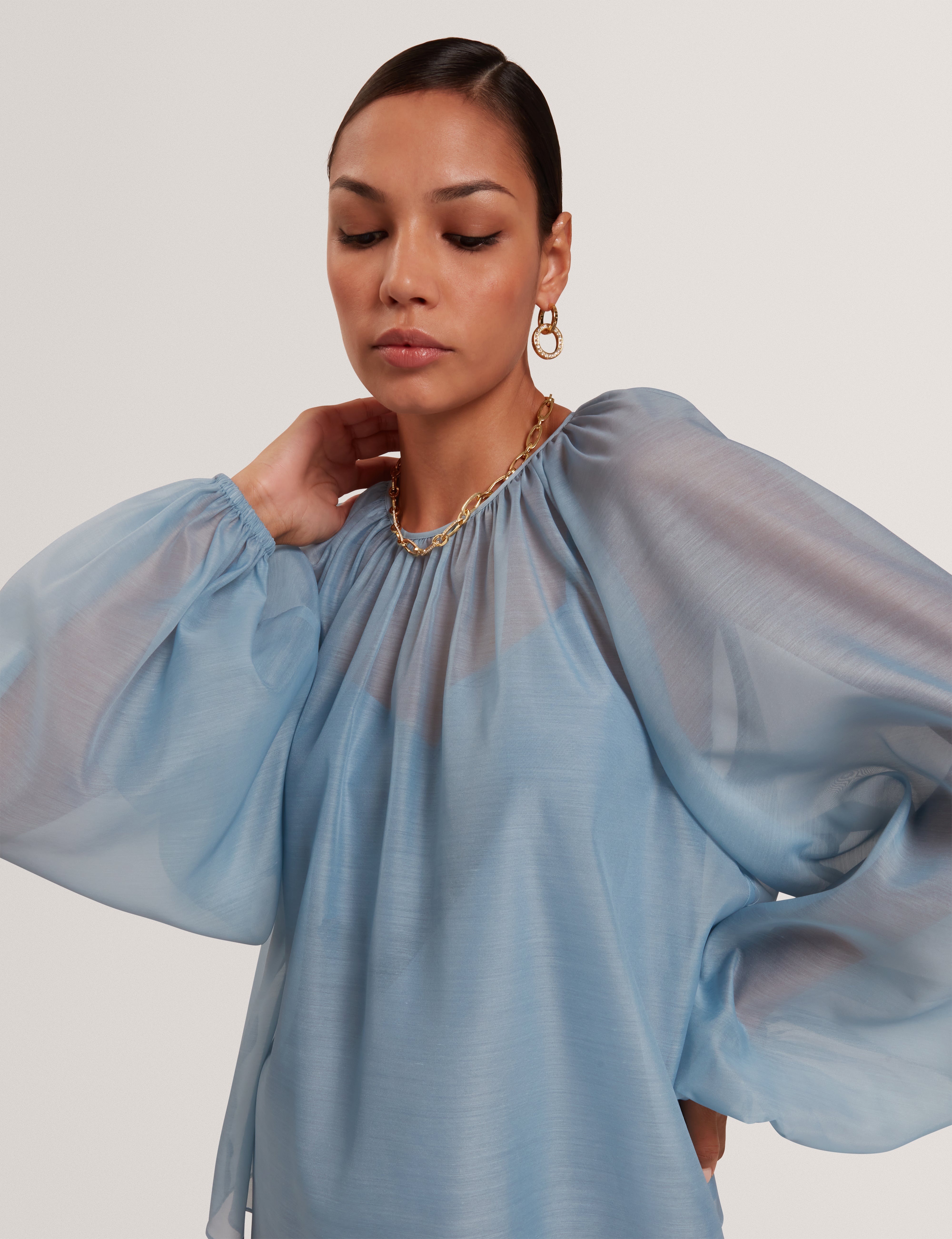 Eelana Organza Puff Sleeve Blouse Lt-Blue