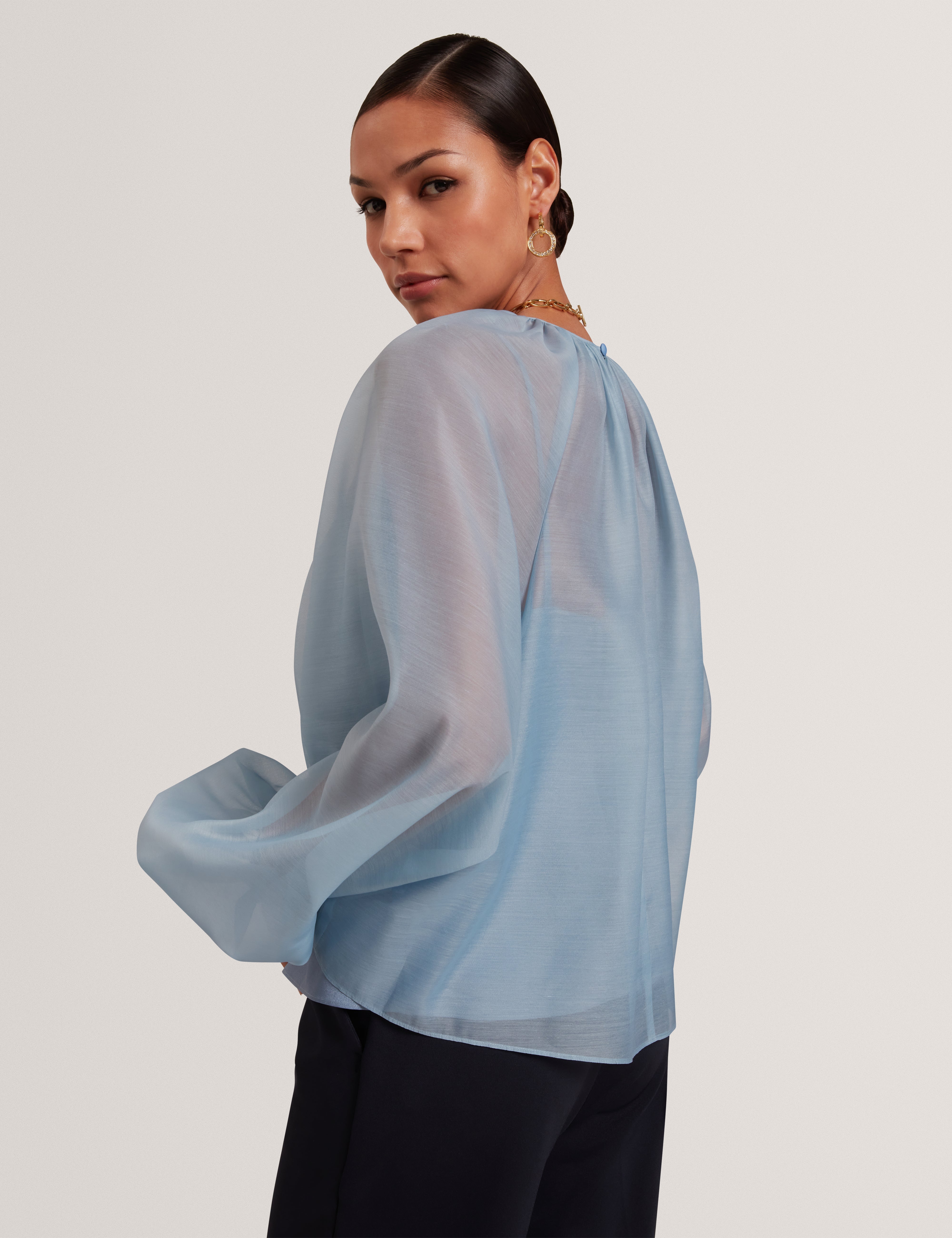 Eelana Organza Puff Sleeve Blouse Lt-Blue