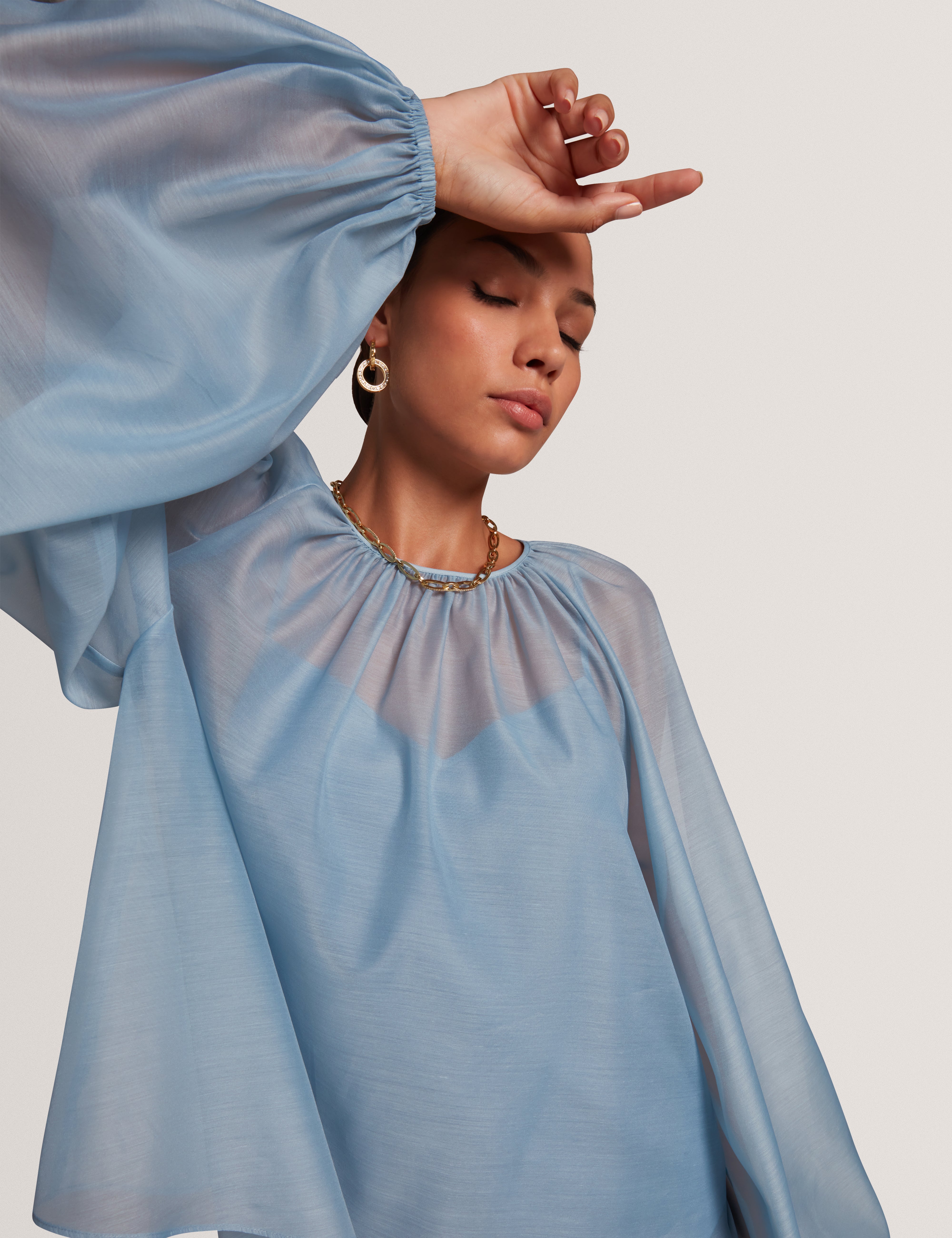 Eelana Organza Puff Sleeve Blouse Lt-Blue