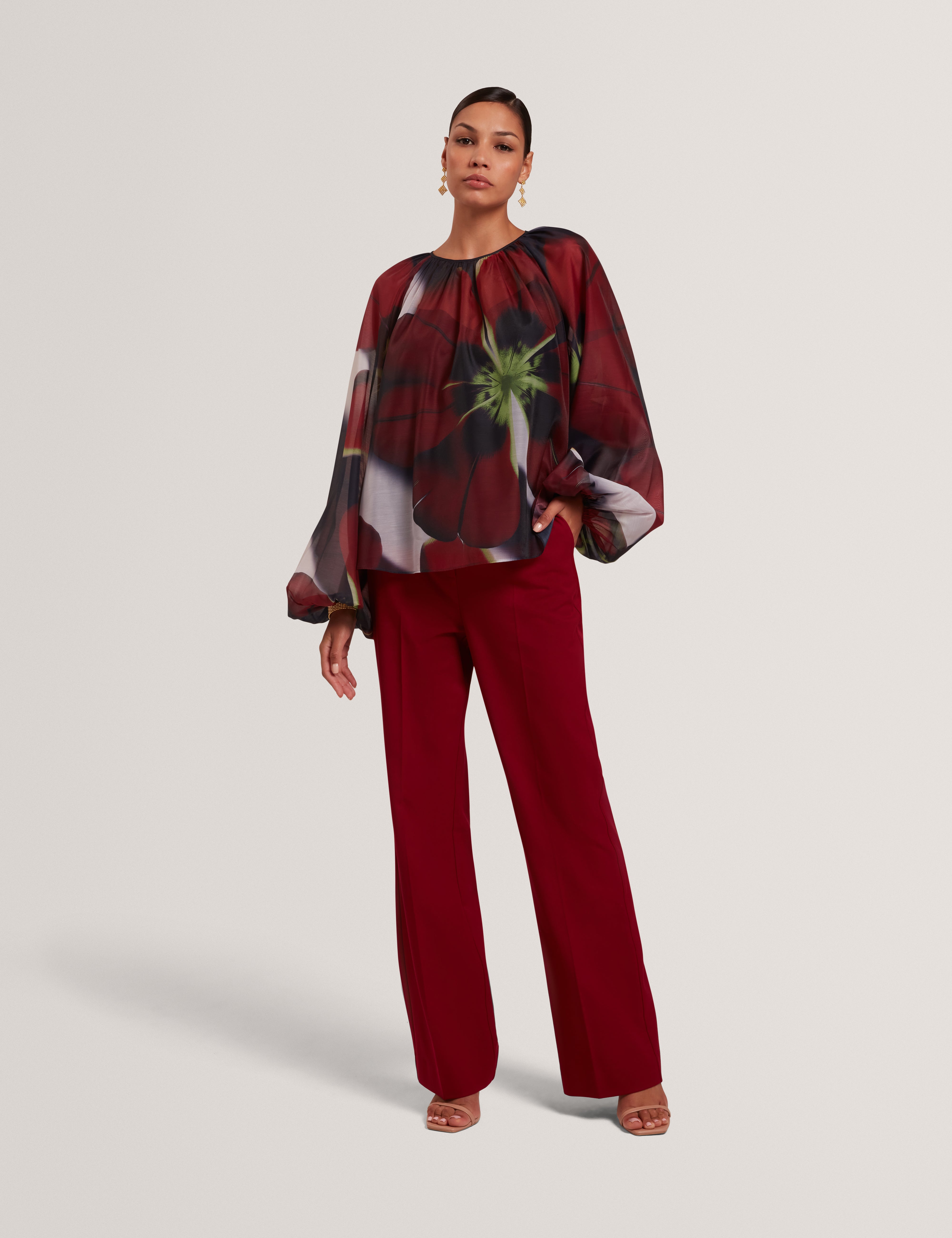 Elaia Printed Organza Puff Sleeve Blouse Navy