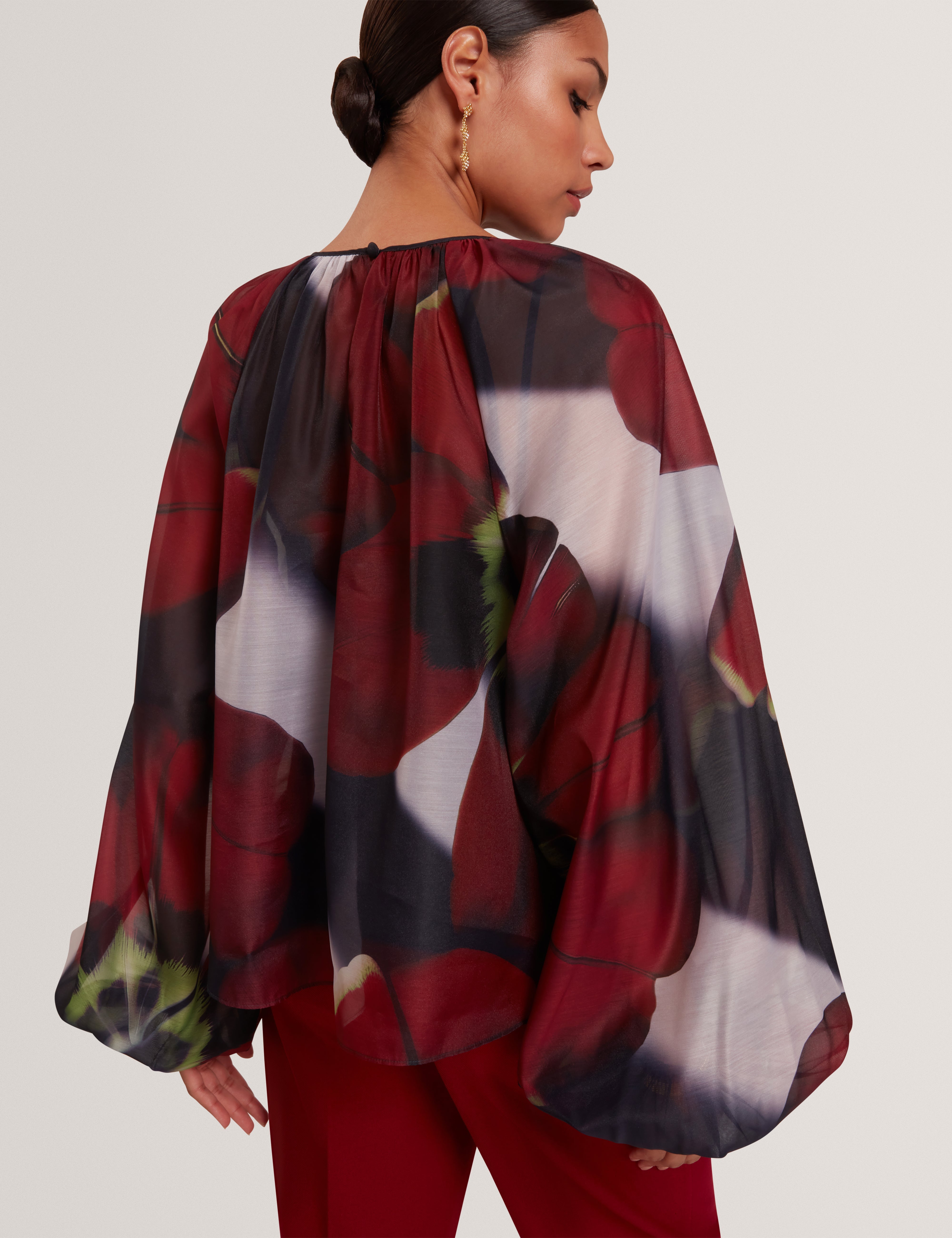 Elaia Printed Organza Puff Sleeve Blouse Navy