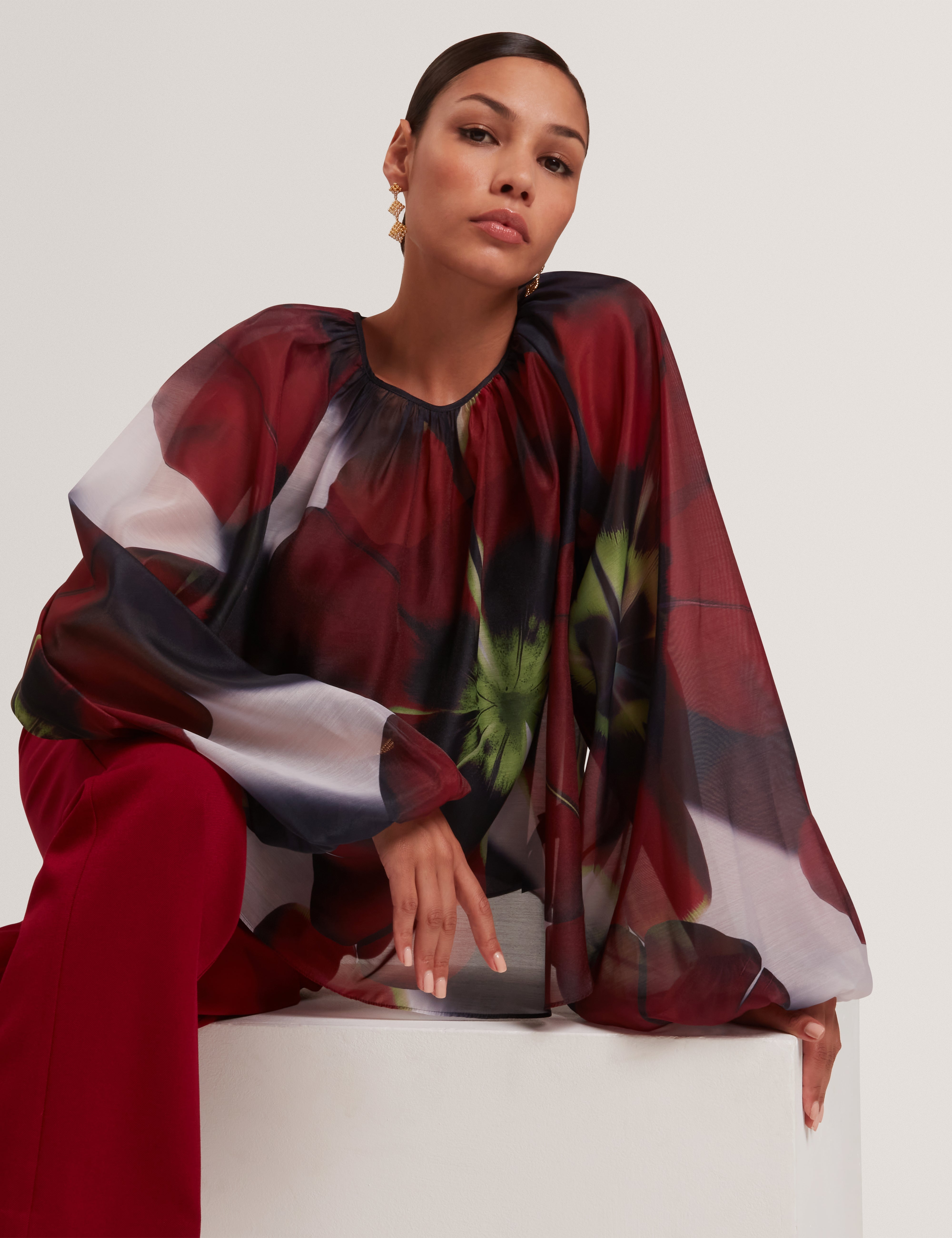Elaia Printed Organza Puff Sleeve Blouse Navy