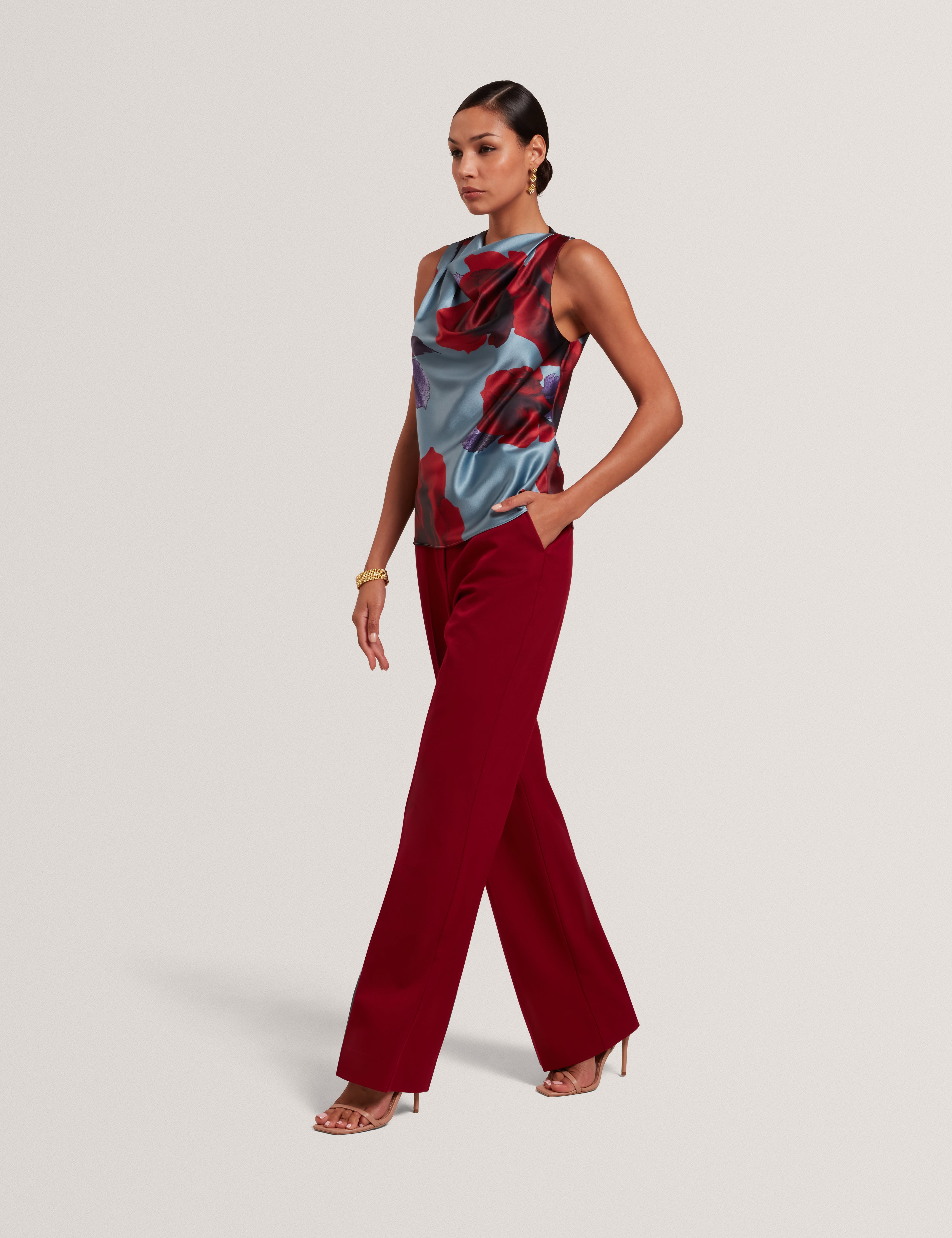 Harplyn Print Sleeveless Drape Neck Top Lt-Blue