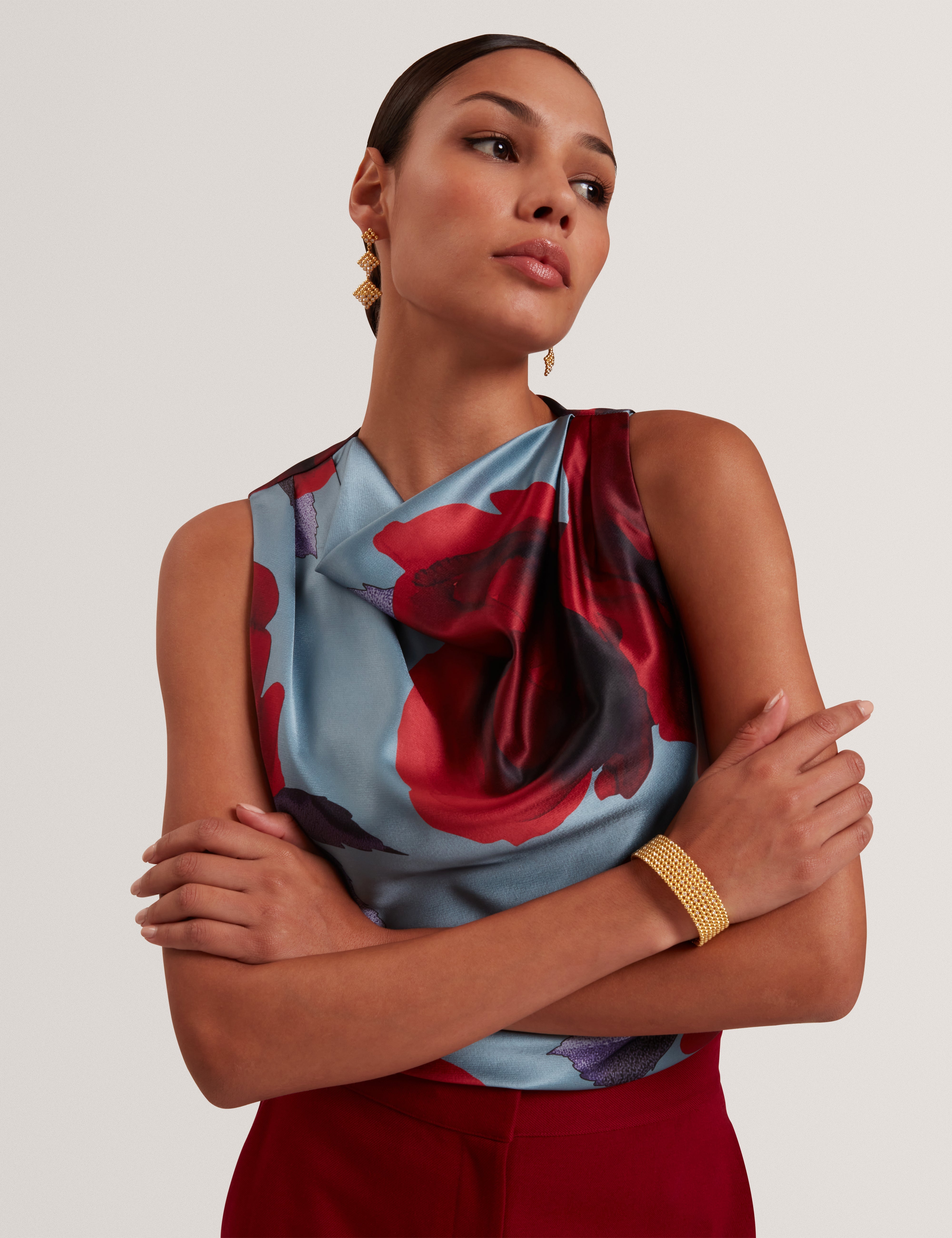 Harplyn Print Sleeveless Drape Neck Top Lt-Blue