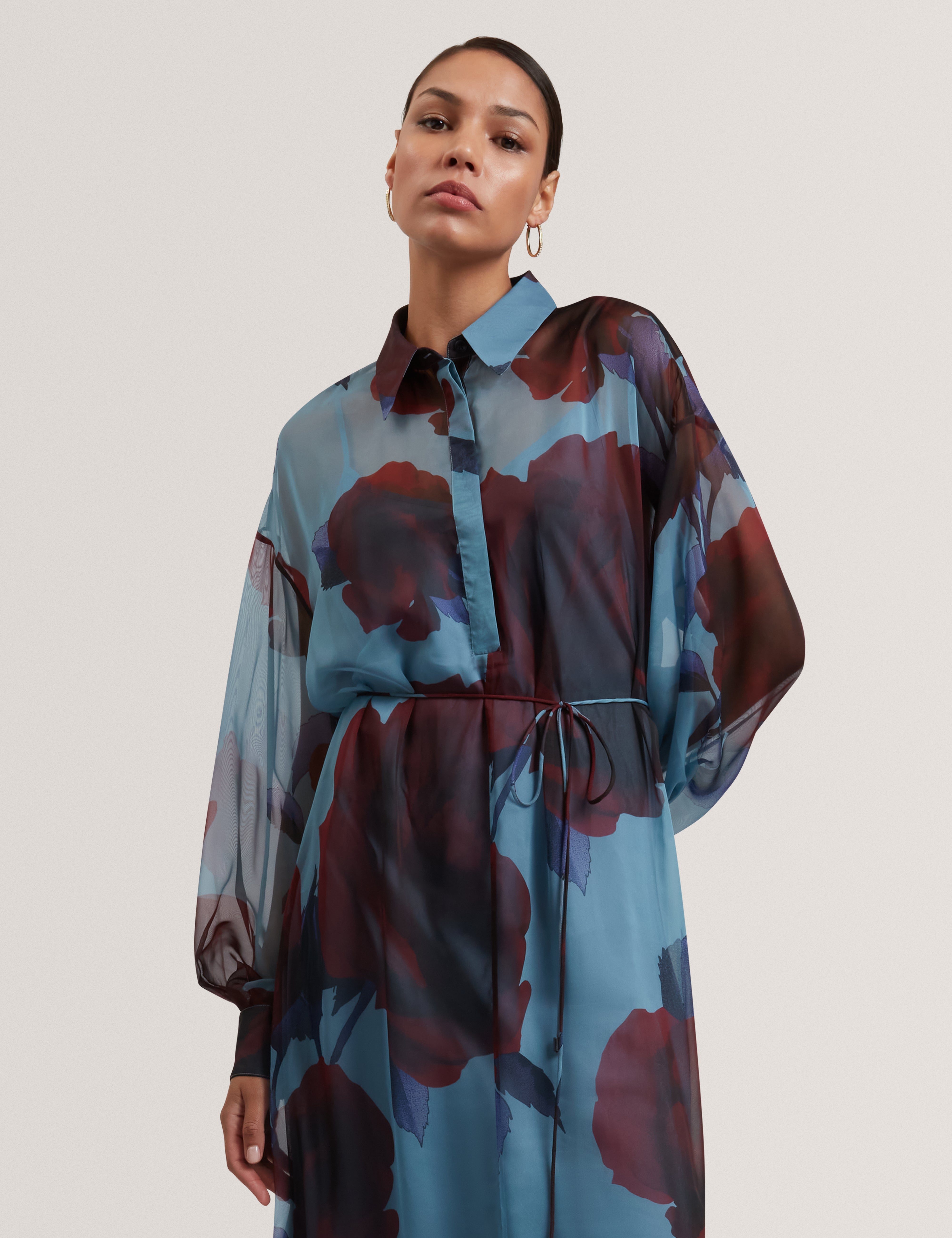 Marrnie Printed Bib Detail Maxi Shirt Dress Lt-Blue