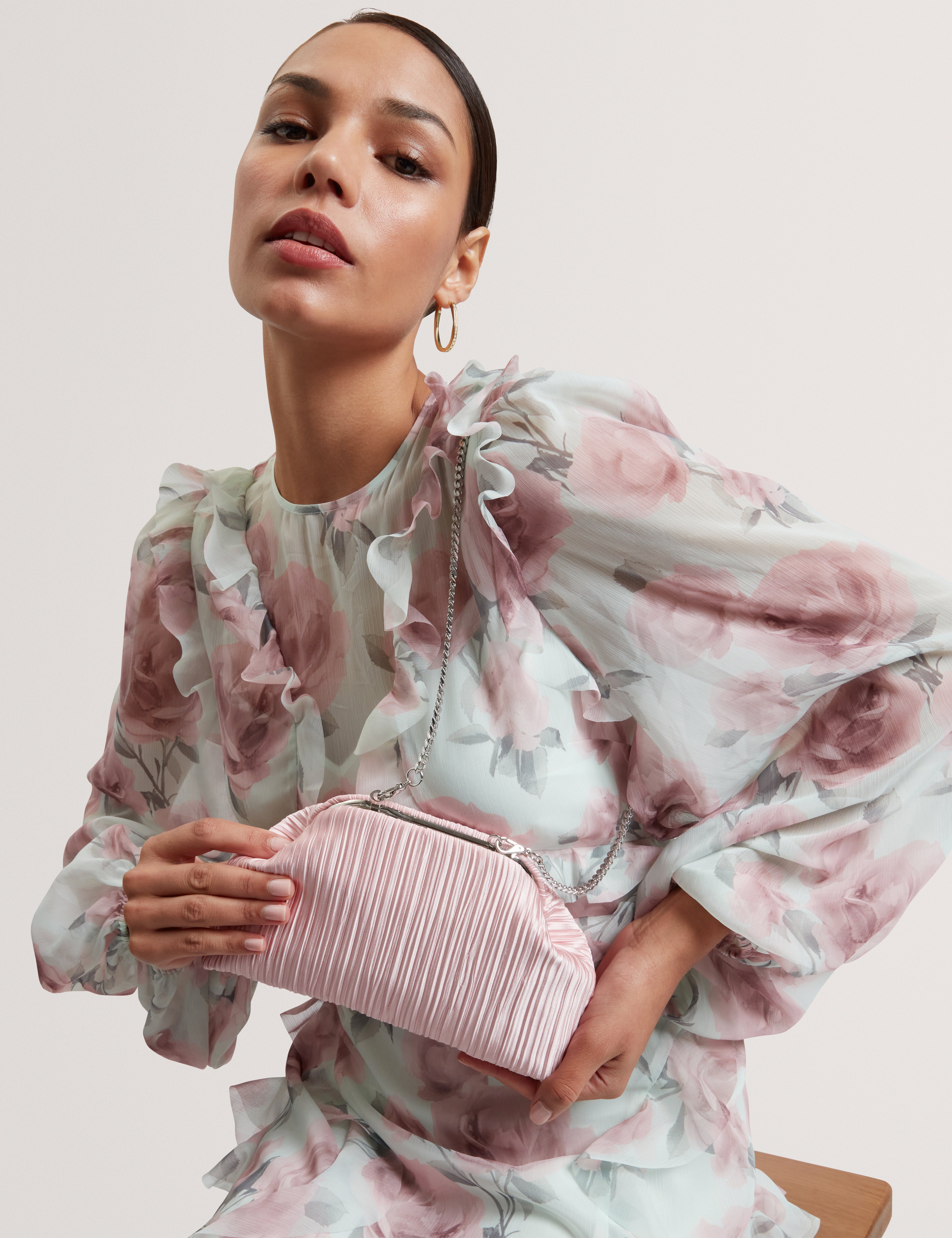 Plisset Soft Satin Pleated Clutch Bag Pink