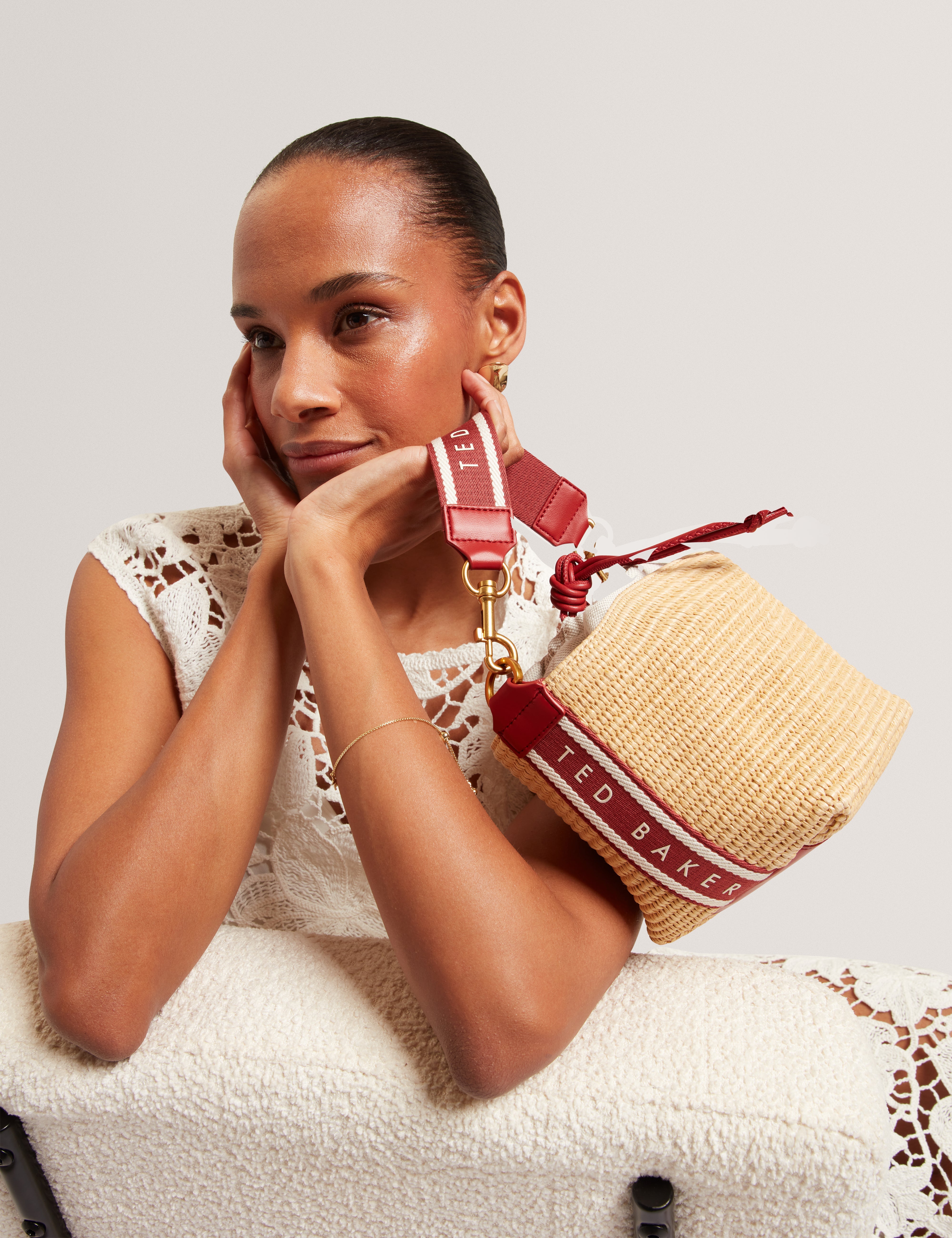 Raffyna Webbing Detail Raffia Small Bucket Bag Red