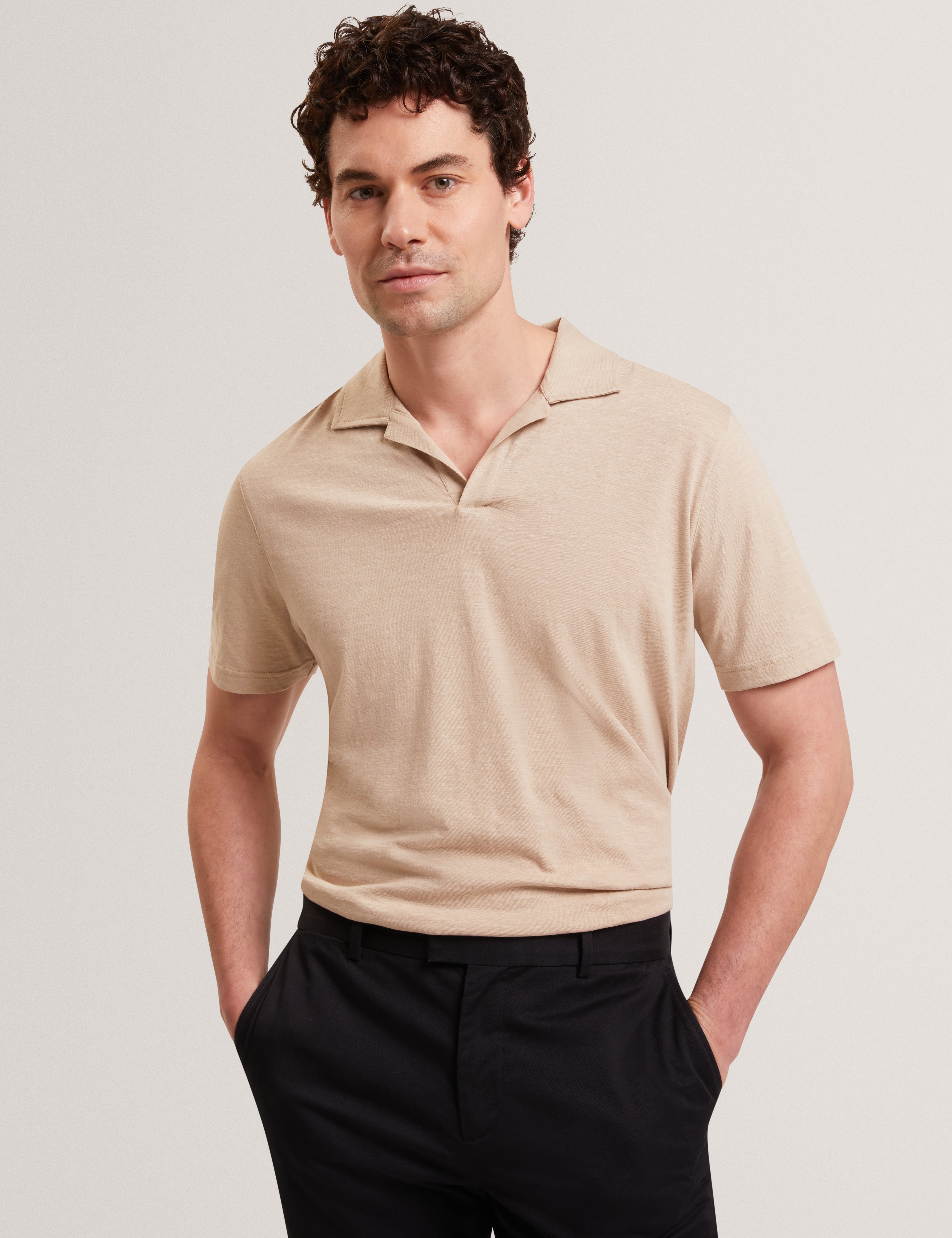 Anito Short Sleeve Cotton Linen Open Neck Polo Taupe